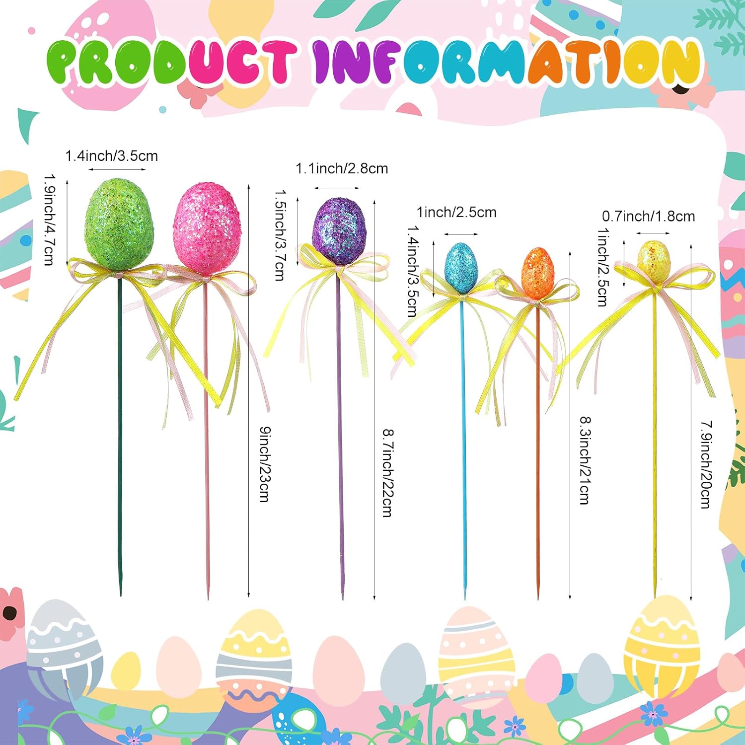 Leinuosen 24 Pcs Easter Egg Picks Glitter Foam Easter Cupcake Picks Spring Colorful Floral Egg Stems for Tree Topper Decor Basket DIY Crafts Centerpiece Celebration Home Vase Decor, Assorted Colors