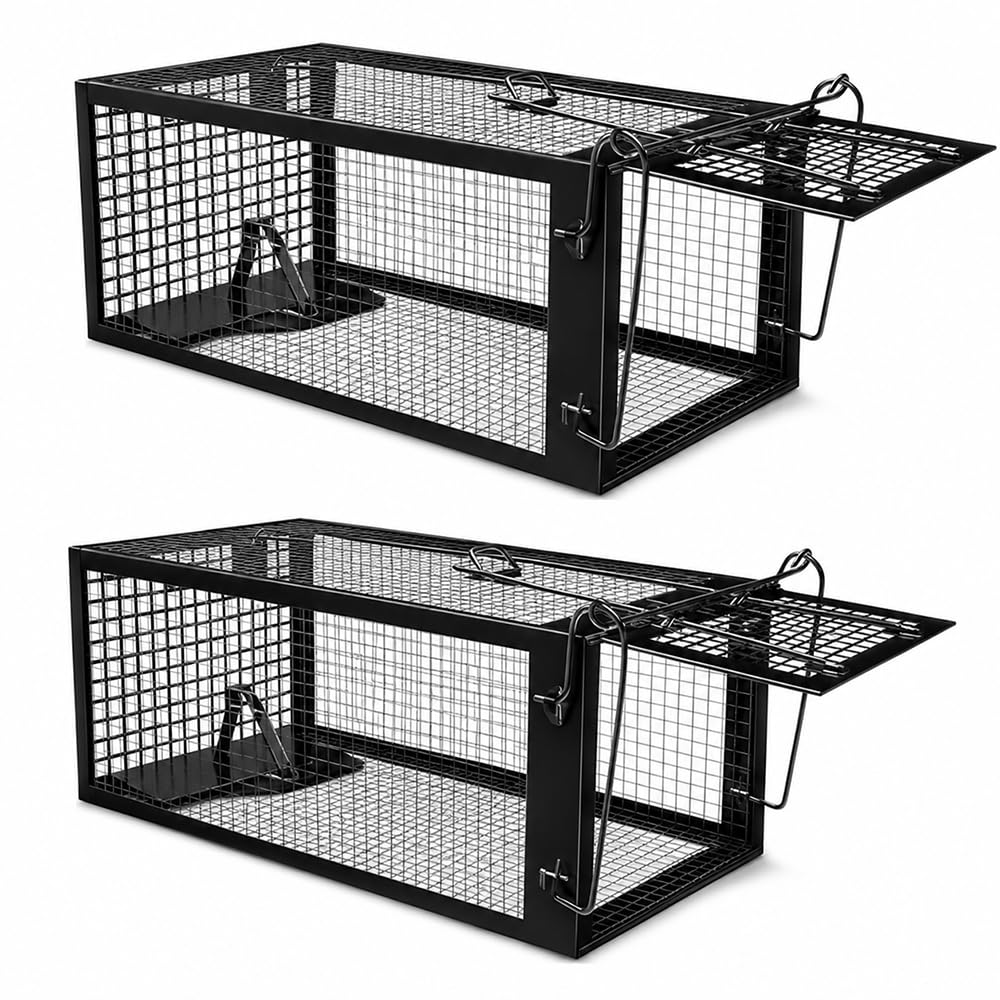 Humane Rat Traps, 2 Pcs Reusable Cage Rats Traps, Live Rat Cage Trap, Humane Mouse-trap for Voles Hamsters and Small Animals, Great for Indoors Outdoors Use (Black, 27 x 14 x 14 cm)
