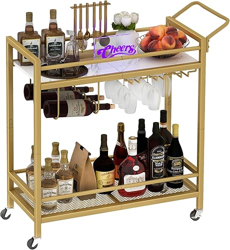 LAATOOREE Carrito de bar, carrito de servicio de bar en casa de dos colores, carrito móvil de bebidas con 2 estantes de almacenamiento, carrito de