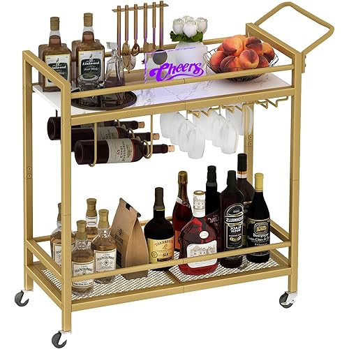 LAATOOREE Bar Cart, Two-Color Home Bar Serving Cart, Mobile Drink Beverage Cart with 2 Storage Shelves, Rolling Kitchen Cart with Wine Holder and Glass Holder, for Dinning Room, Living Room, Kitchen