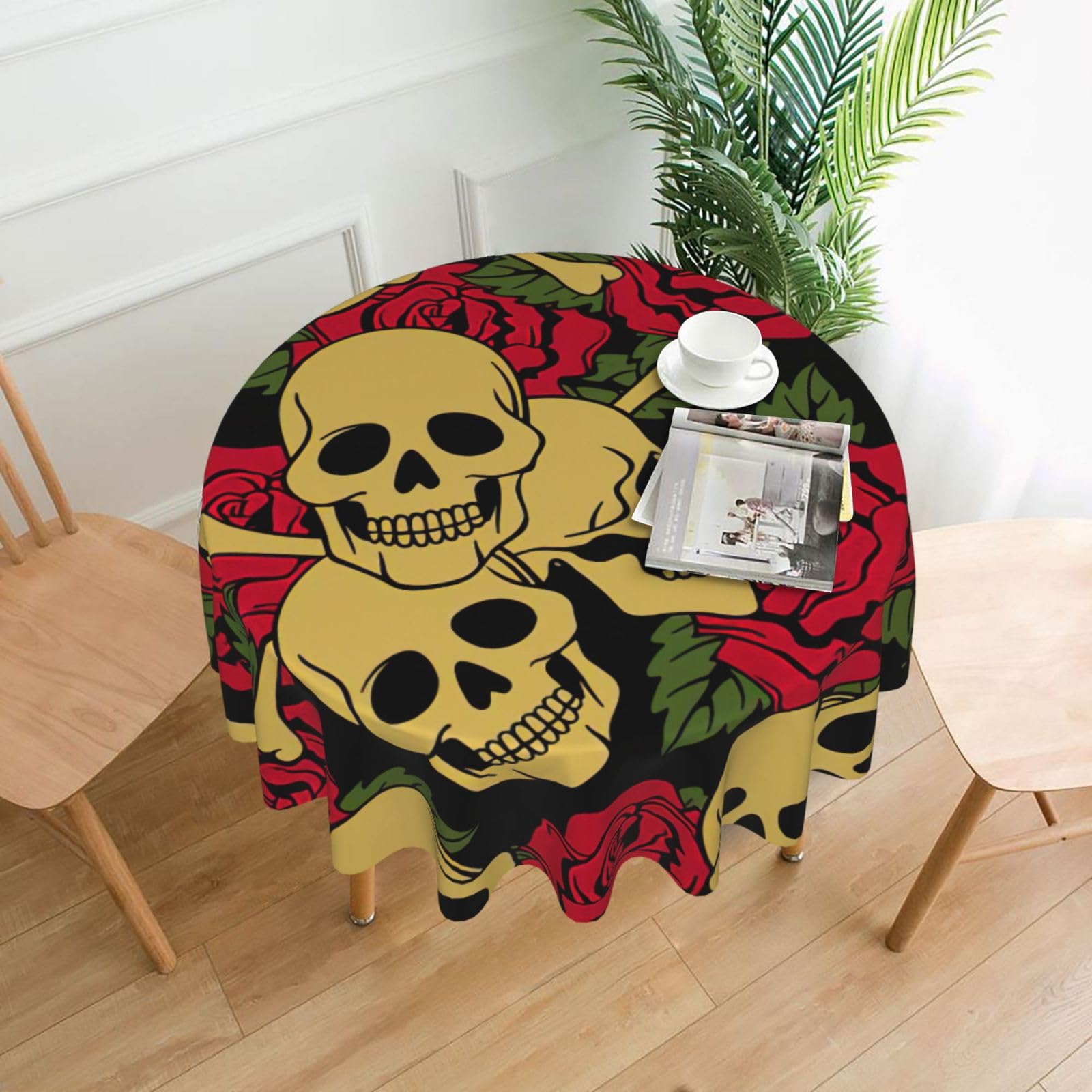 Uusnwaa Rose And Skull Print Round Tablecloth 60 Inch, Stain Wrinkle Resistant Washable Polyester Table Cover For Kitchen Party