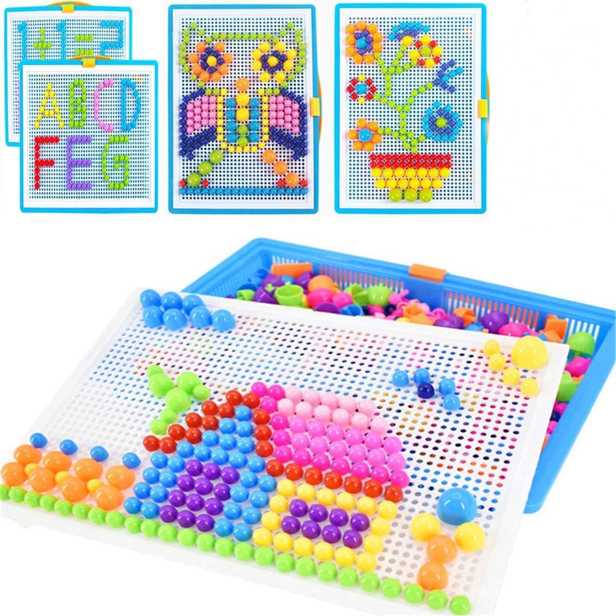 Itoda 295 Pcs Jigsaw Puzzle Board Mushroom Nails Pegboard Mosaic Toys Educational Intelligence Building Blocks Puzzle Toys Assorted Colour Creative Diy Christmas Birthday Gift For Kids 3-7 Years Old
