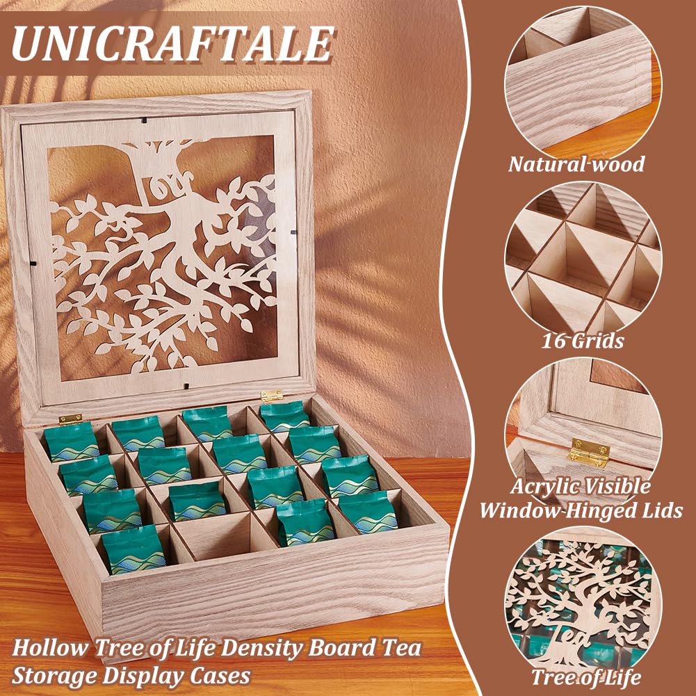 UNICRAFTALE Boîte à thé en bois brun clair avec 16 compartiments - Arbre de vie creux - Organisateur de sachets de thé pour comptoir, cuisine, garde-manger - 32 x 32 x 9,1 cm