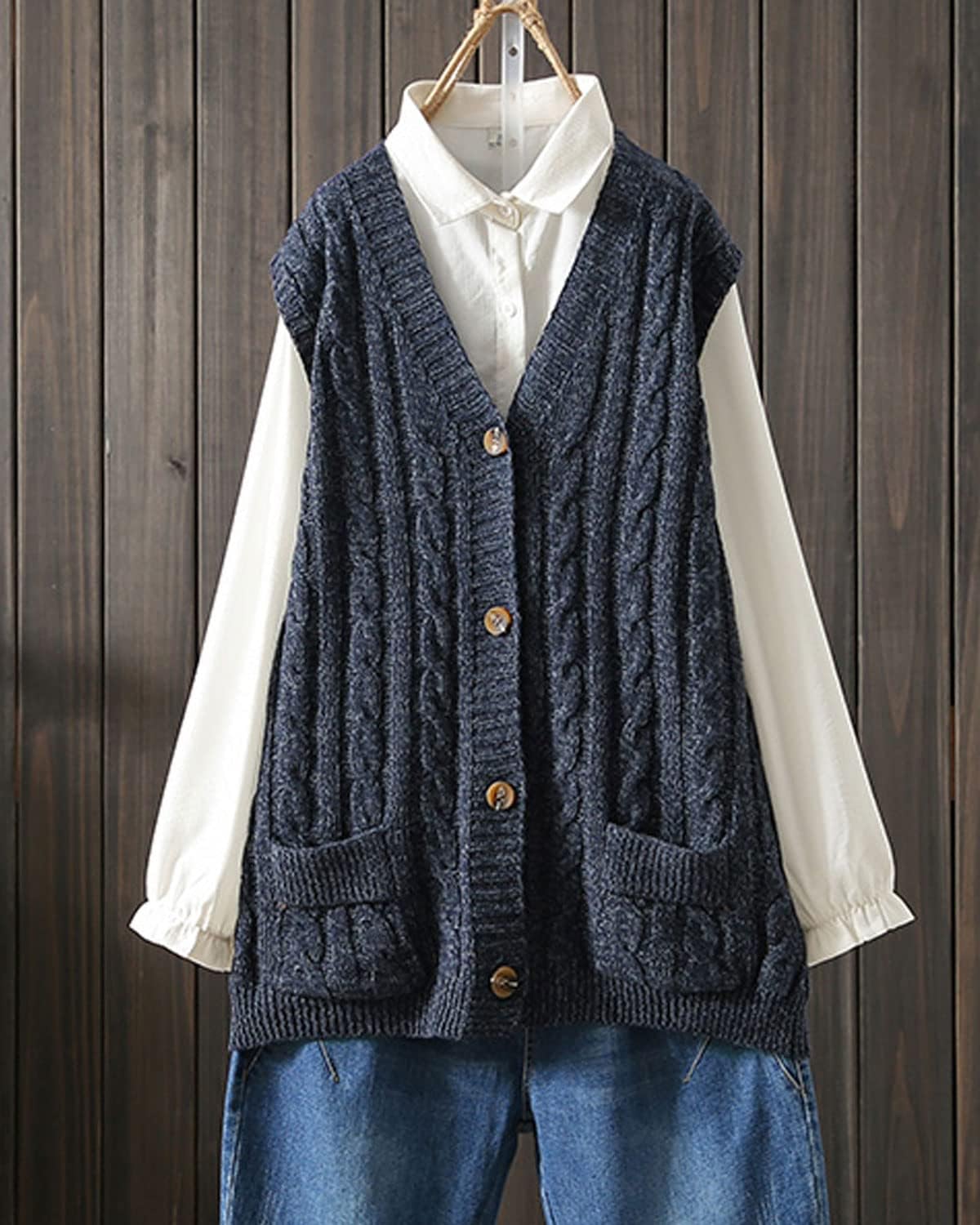 Women's Sweater Vest Sleeveless Button Down Knitted Cardigan Outwear with Pockets - Image 3