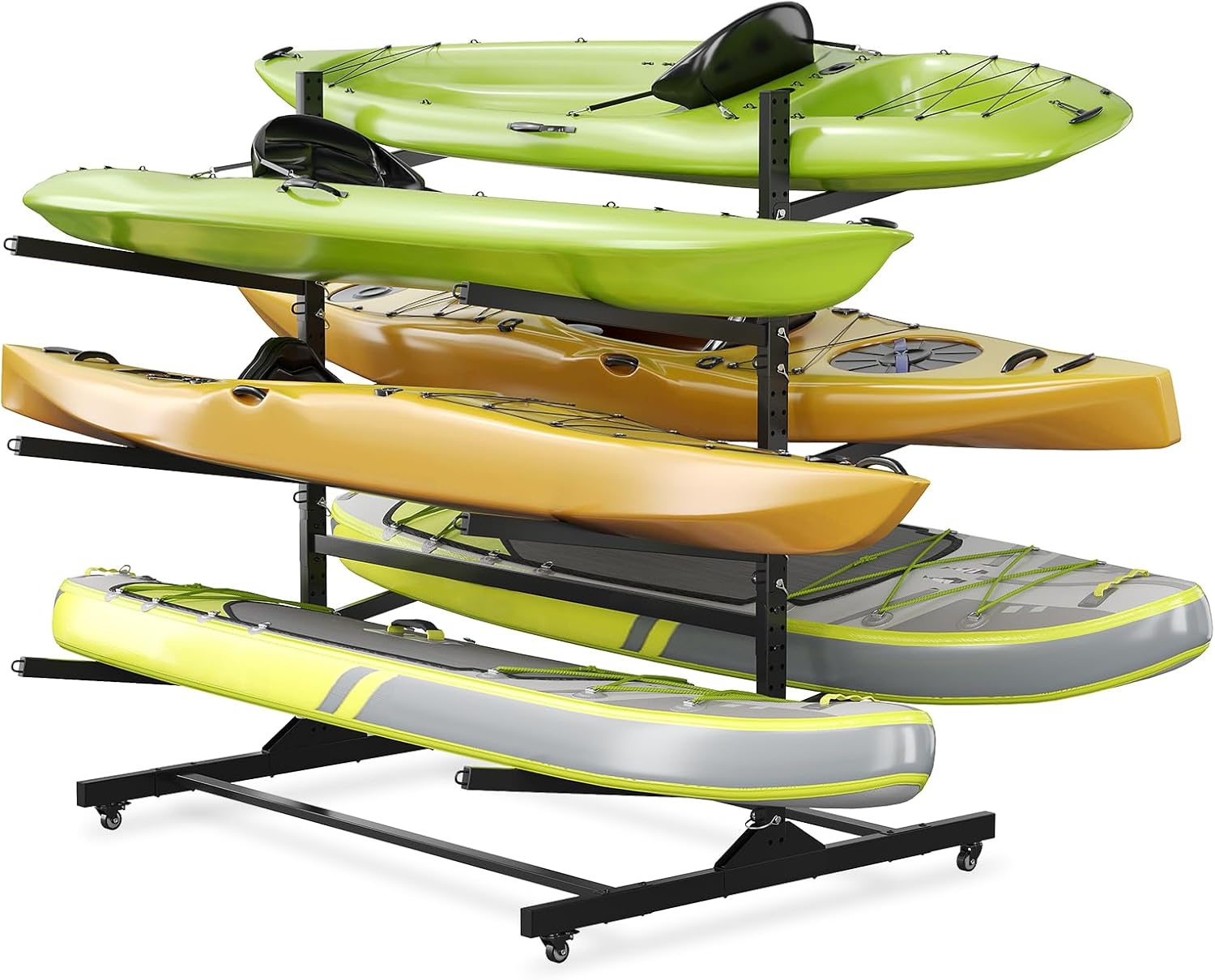 Heavy Duty Kayak Storage Rack 3-Tier Double-Sided Free Standing Holder for Canoe SUP Paddleboard Surfboard Organizer in Garage Shed Backyard Outdoor Indoor Steel Support
