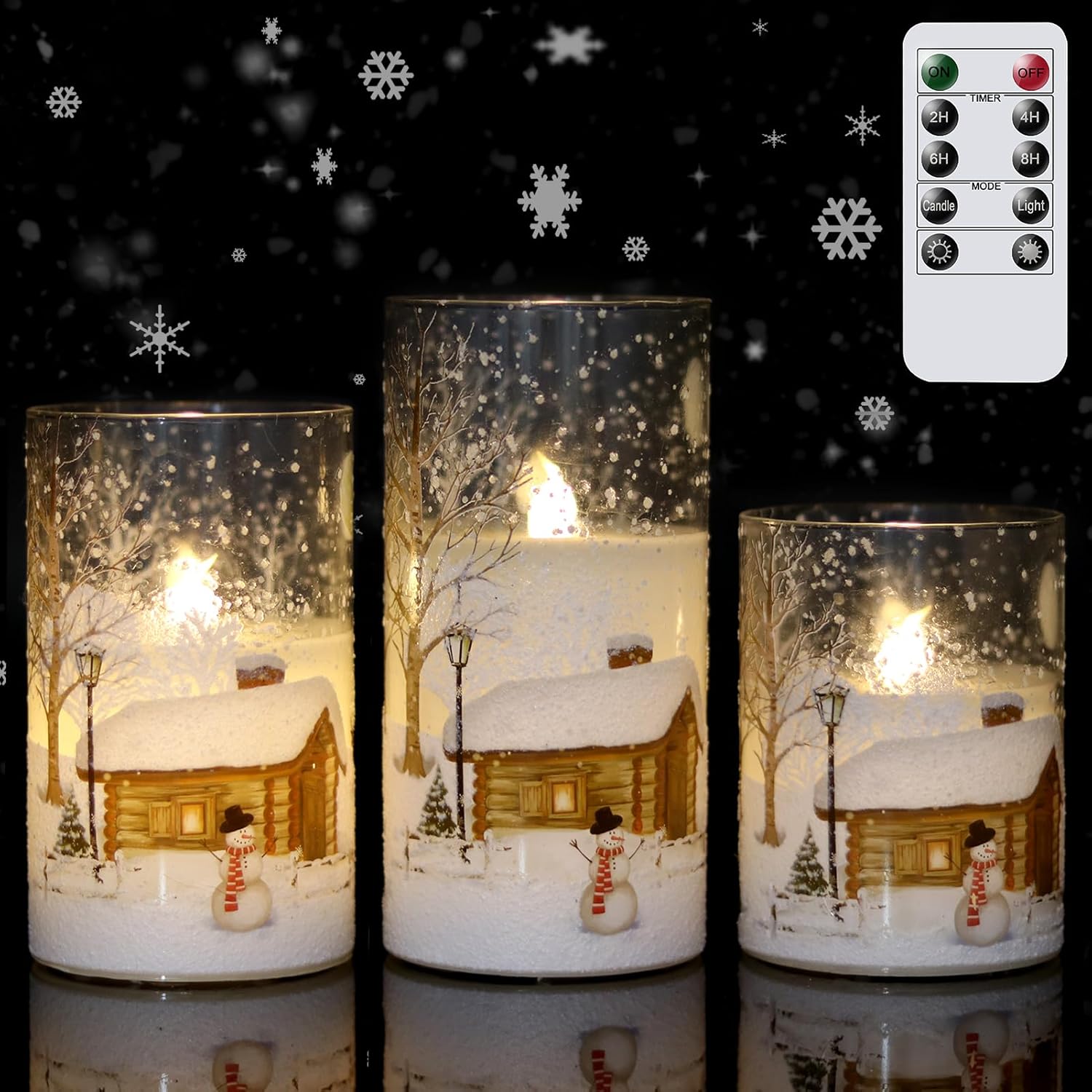 Wondise Snowman Glass Flameless Candles with Remote and Timer, Battery Operated Real Wax LED Flickering LED Candles White Cold Light Window Christmas Holiday Decor D3 x 4",5",6"