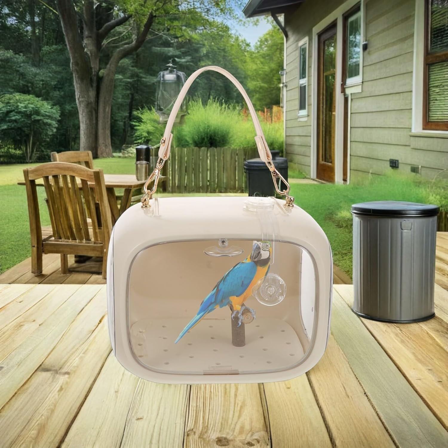 Portable Parrot Travel Cage with Adjustable Shoulder Strap, Breathable Multi-Function Bird Carrier with Perch and Food Tray for Small Birds Outings and Transport