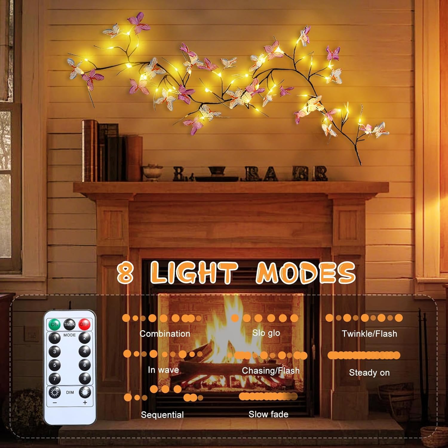 Gresoinc 230 cm 144 LED Schmetterling Blüte Baum Zweige Lichter für Wand, USB-betrieben, 8 Modi, warmweiße Lichterkette mit Fernbedienung, Timer, dimmbar, flexibel, Weidenranke, Blumenmuster