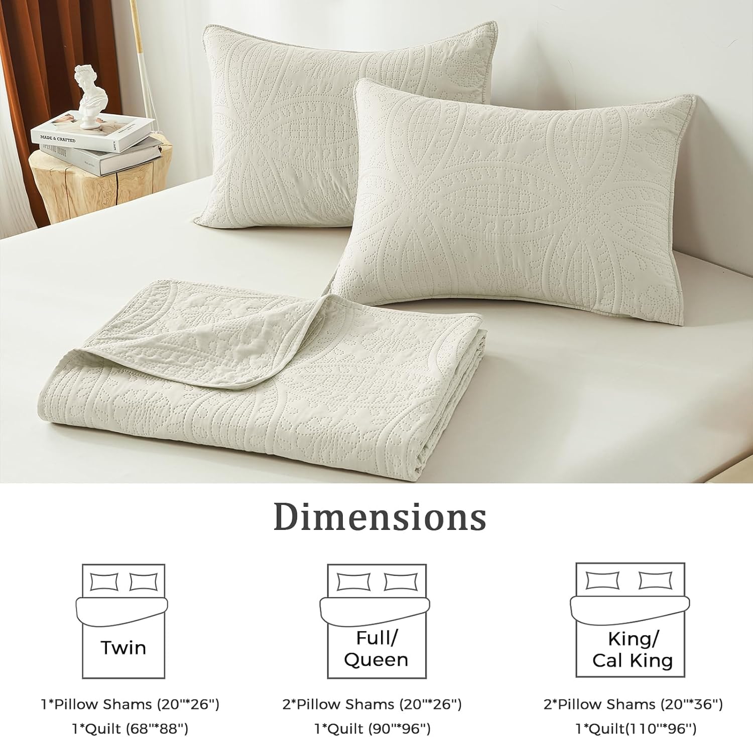 akkialla King/Cal King Quilt Set,Cream Lightweight Bedspread with Coin Pattern, Soft Microfiber Coverlet for All Seasons, Breathable and Skin-Friendly Fabric (1 Quilt, 2 Pillow Shams) - Image 7