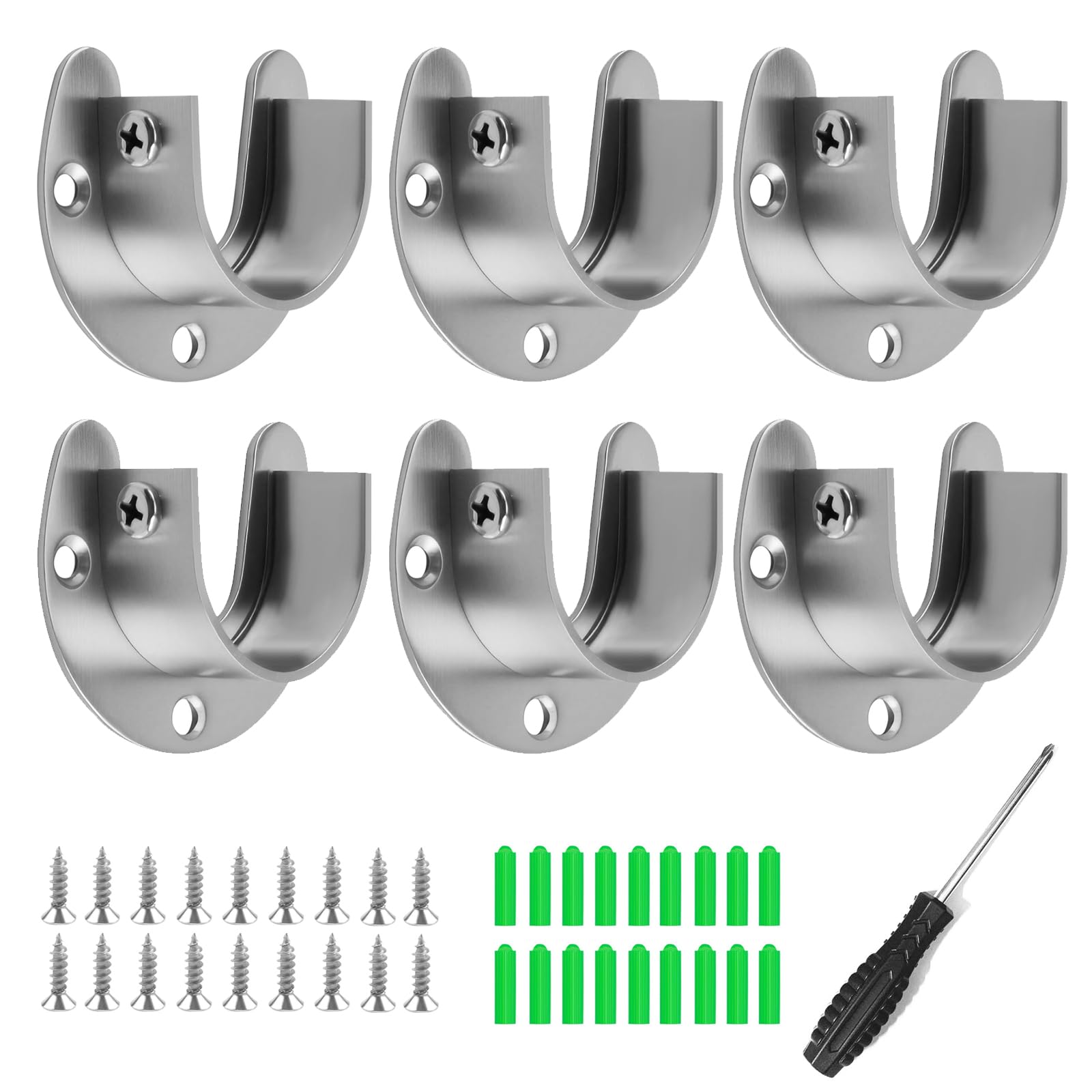 6 PCS U Shaped Flange Rod Holder Set, Closet Rod Bracket End Supports Sockets, Stainless Steel Pole Sockets with Screws and Screwdrivers for Wardrobe Shower Curtain (22mm)