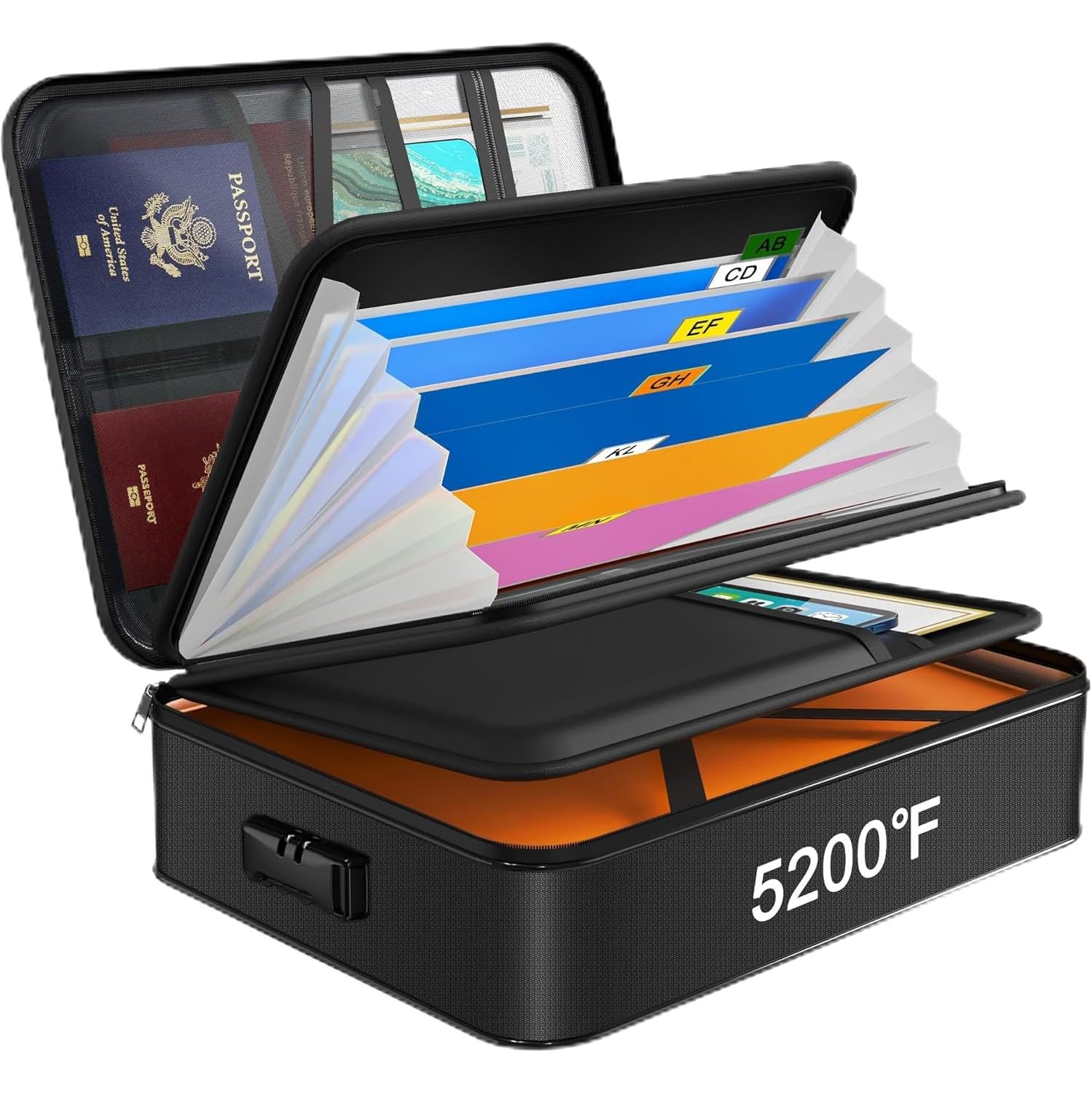 JUNDUN Organisateur de documents avec isolation thermique de 5200 ℉, porte-documents ignifuge avec serrure, boîte de rangement pour documents avec 7 compartiments, organiseur de dossiers（noir）