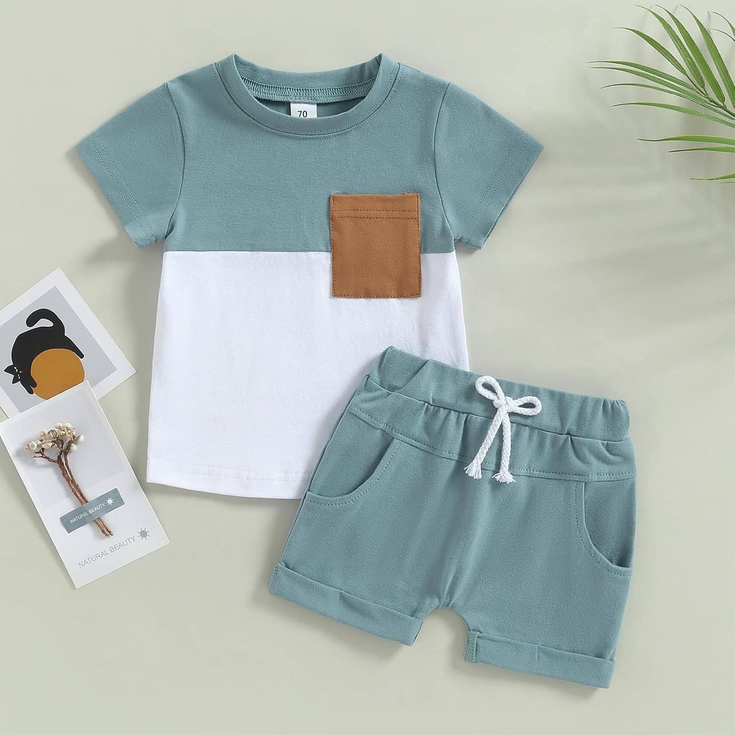 Baby Boy Summer Outfits Soft 100% Cotton Patchwork T-Shirt and Shorts 2Pcs Set with Pockets for Toddler Infants