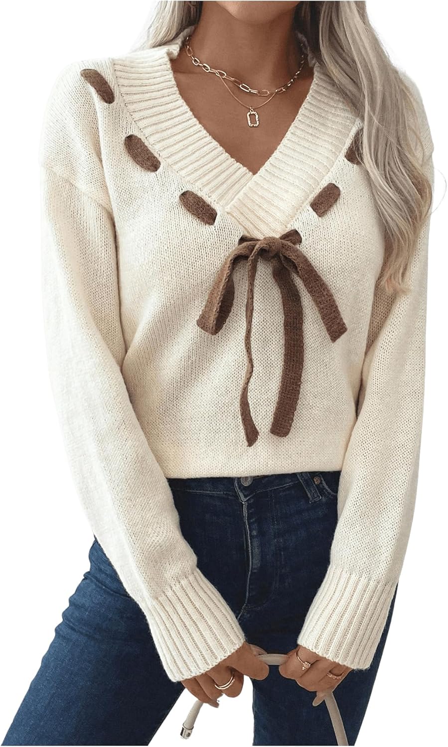 Women's Bowknot Front Knit Sweater V Neck Long Sleeve Pullover Sweaters Cute Tops