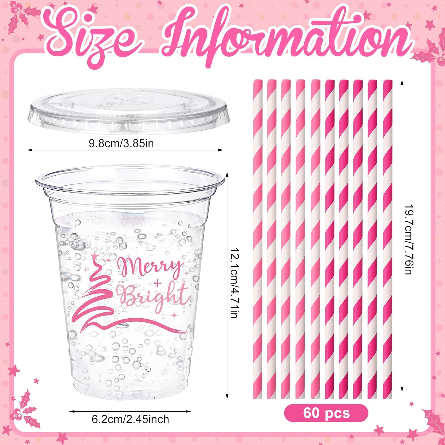 Sliner 180 Pcs/ 60 Sets Merry Christmas Cups with Lids and Straws Bulk 12 oz Happy Holiday Disposable Clear Plastic Cups for Beer Snacks Coffee Xmas Party Supplies (Rose Red,Classic Style) - Image 3