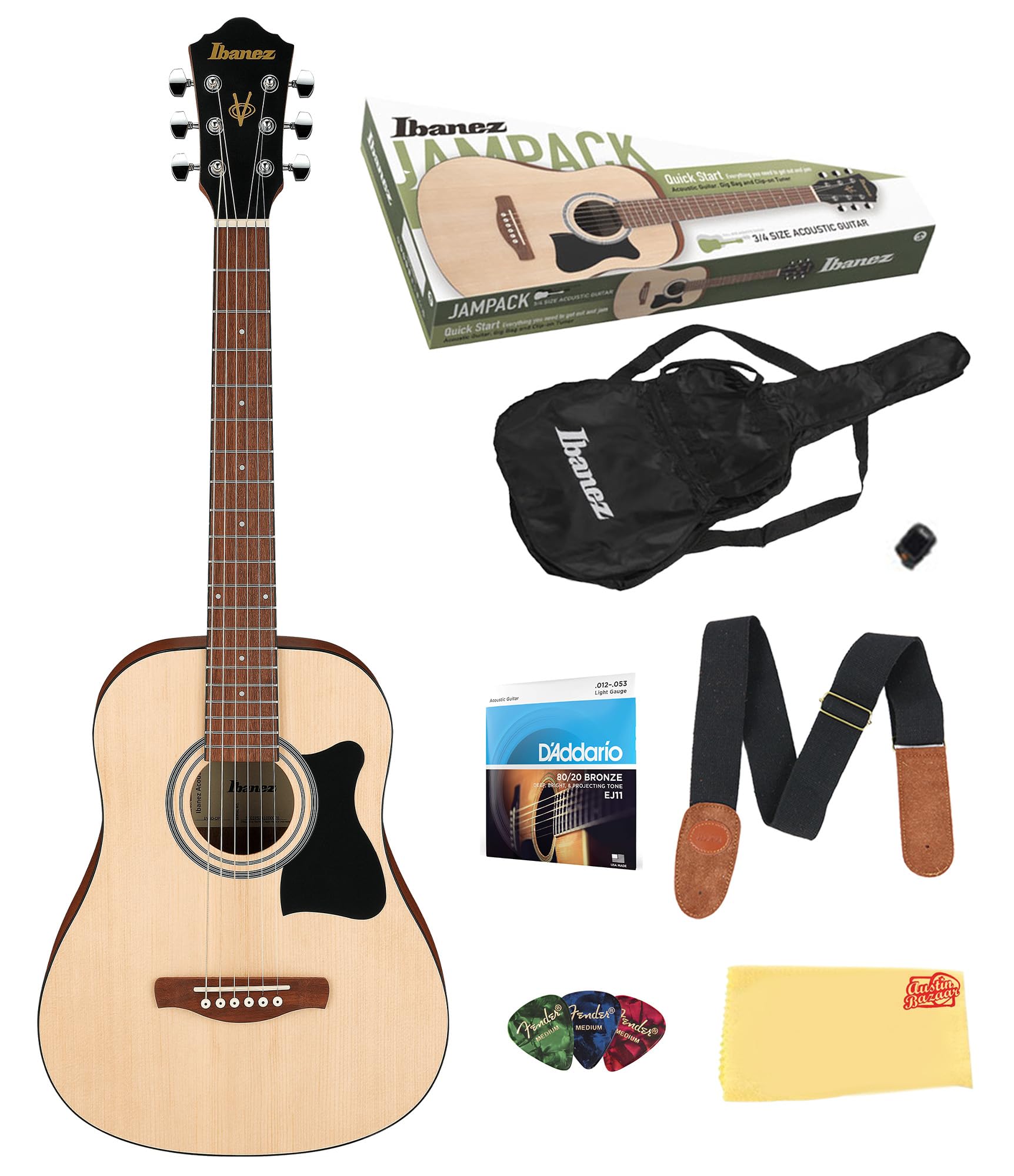 Ibanez IJV30 JamPack 3/4-Size Mini Dreadnought Acoustic Guitar Pack - Open Pore Natural Bundle with Gig Bag, Tuner, Strings, Pouch, Strap, Picks and Austin Bazaar Polishing Cloth