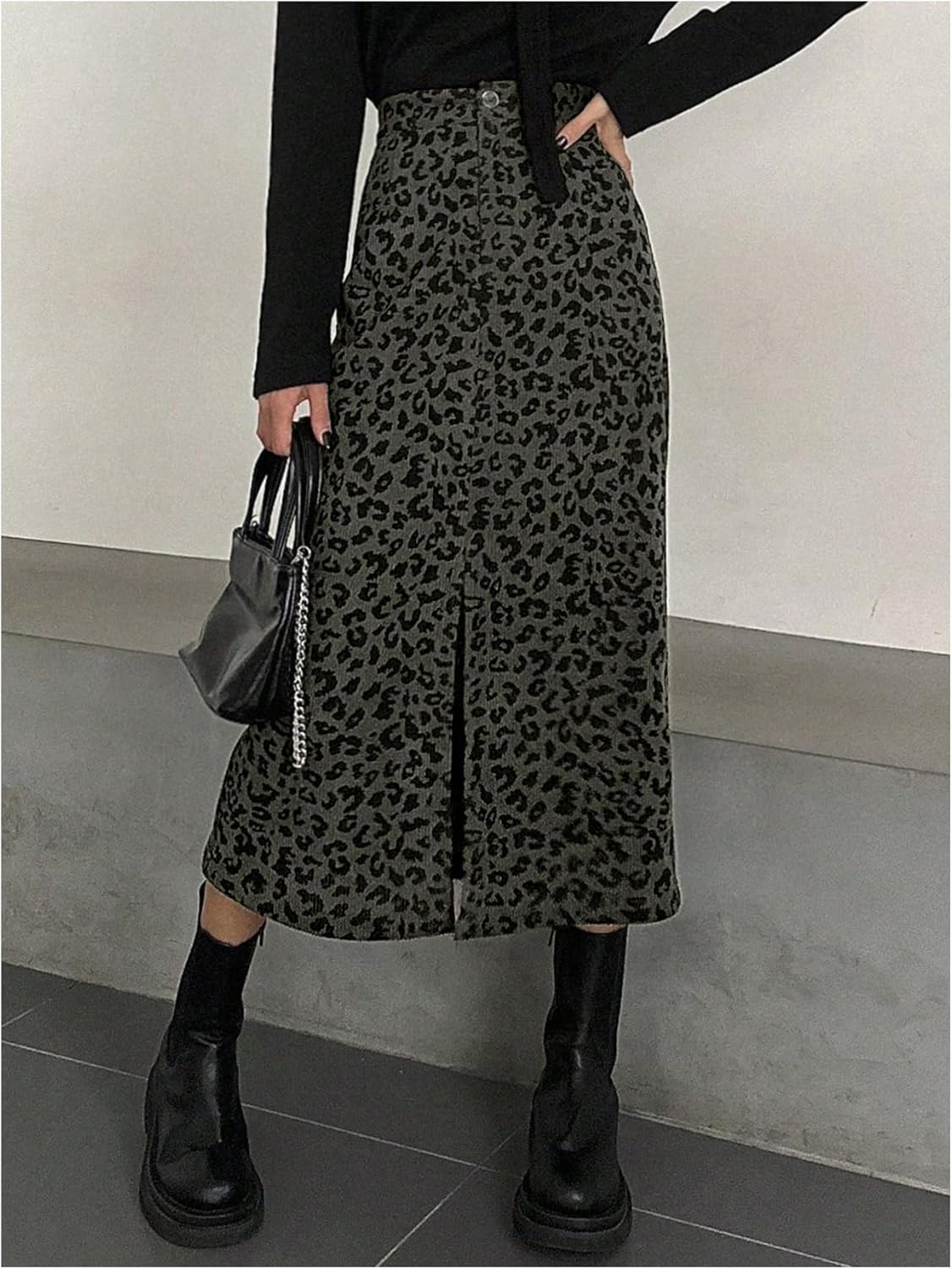 Floerns Women's Leopard Print Corduroy Skirts High Waisted Split Front Cheetah Pencil Midi Skirt - Image 2