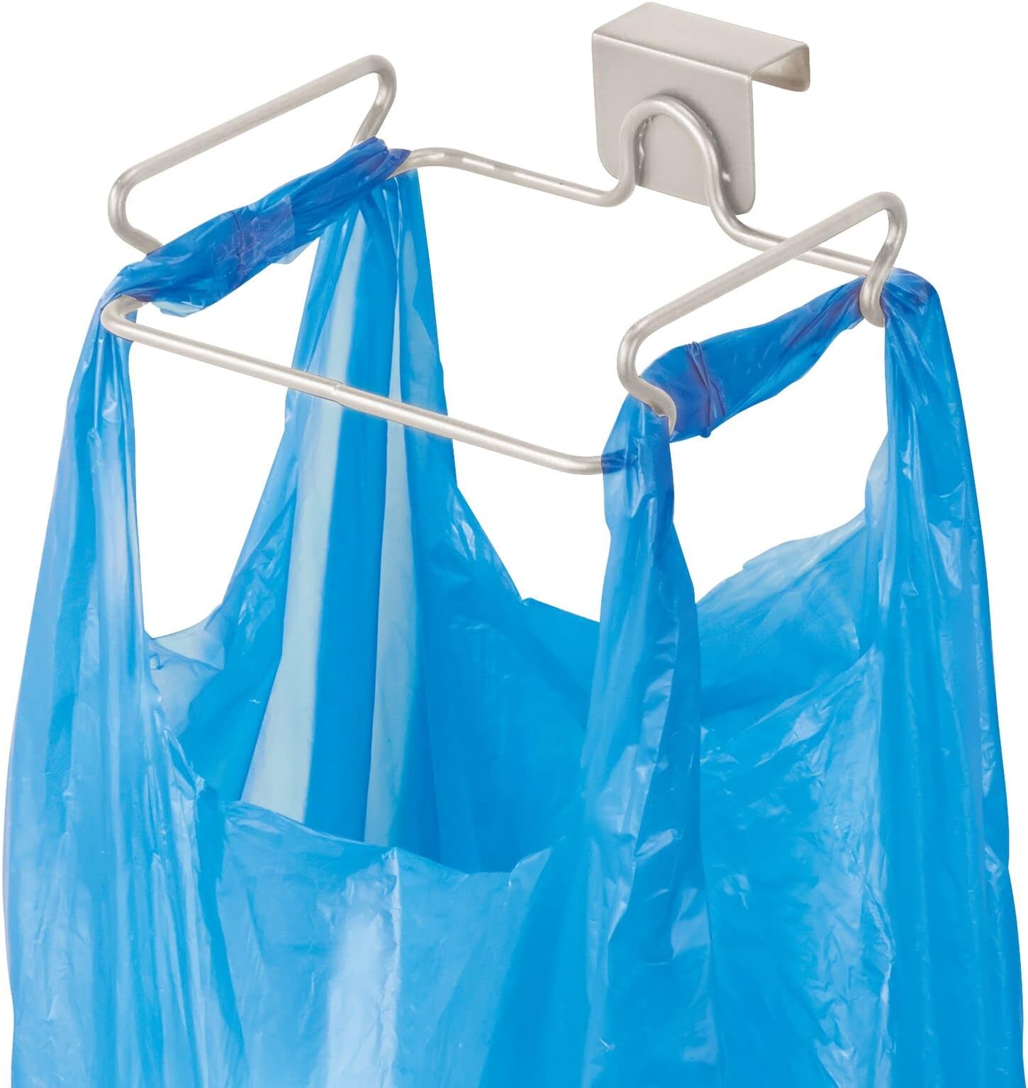 mDesign Over the Cabinet Metal Wire Small Garbage Container, Trash Bag Holder Rack for Recycled Reusable Disposable Plastic Shopping Grocery Bags for Kitchen, Pantry, Garage, Bathroom - Satin