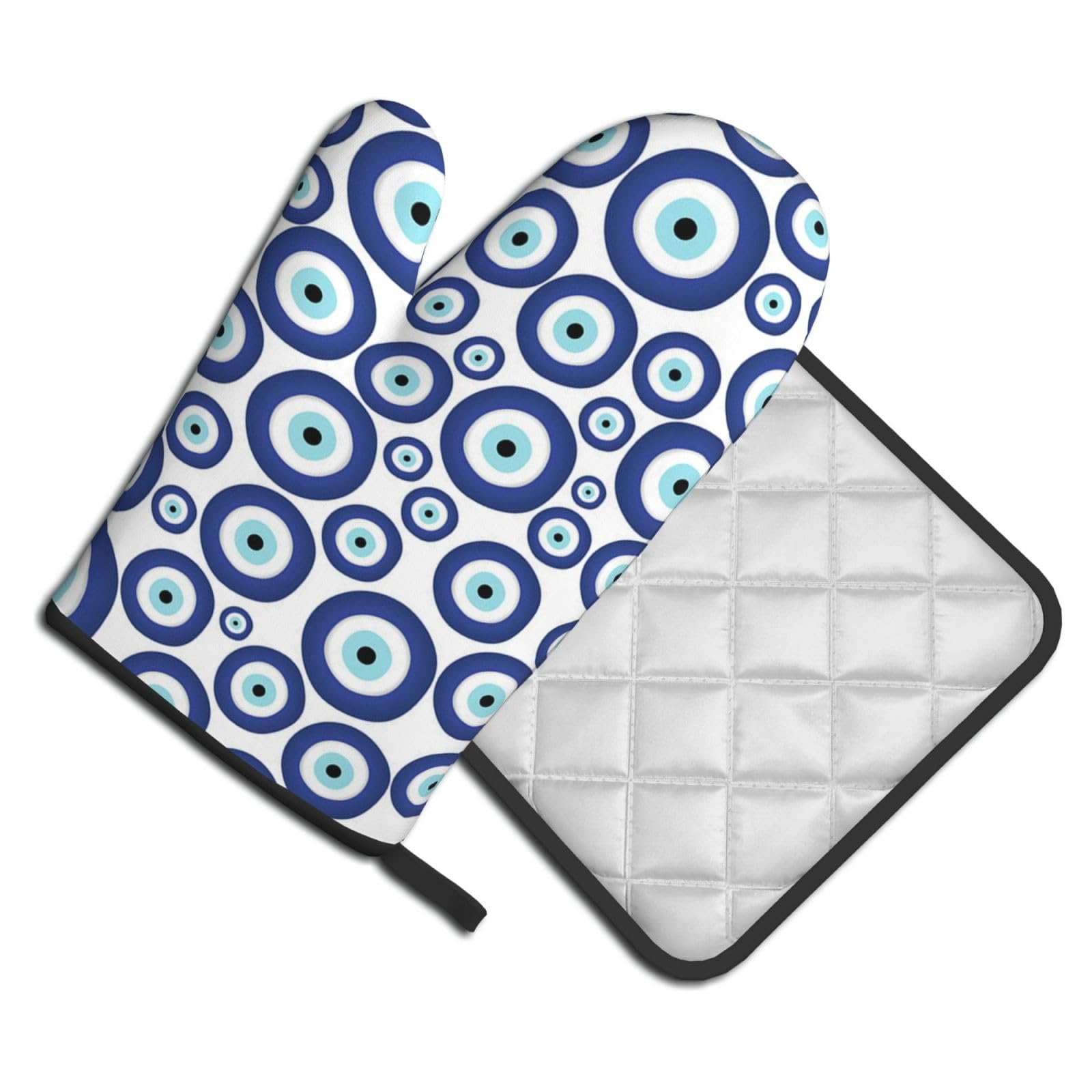 Oven Mitts and Pot Holders Set of 2 Pcs, Evil eyes Printed Heat Resistant Kitchen Gloves Potholders for Cooking Baking Grilling