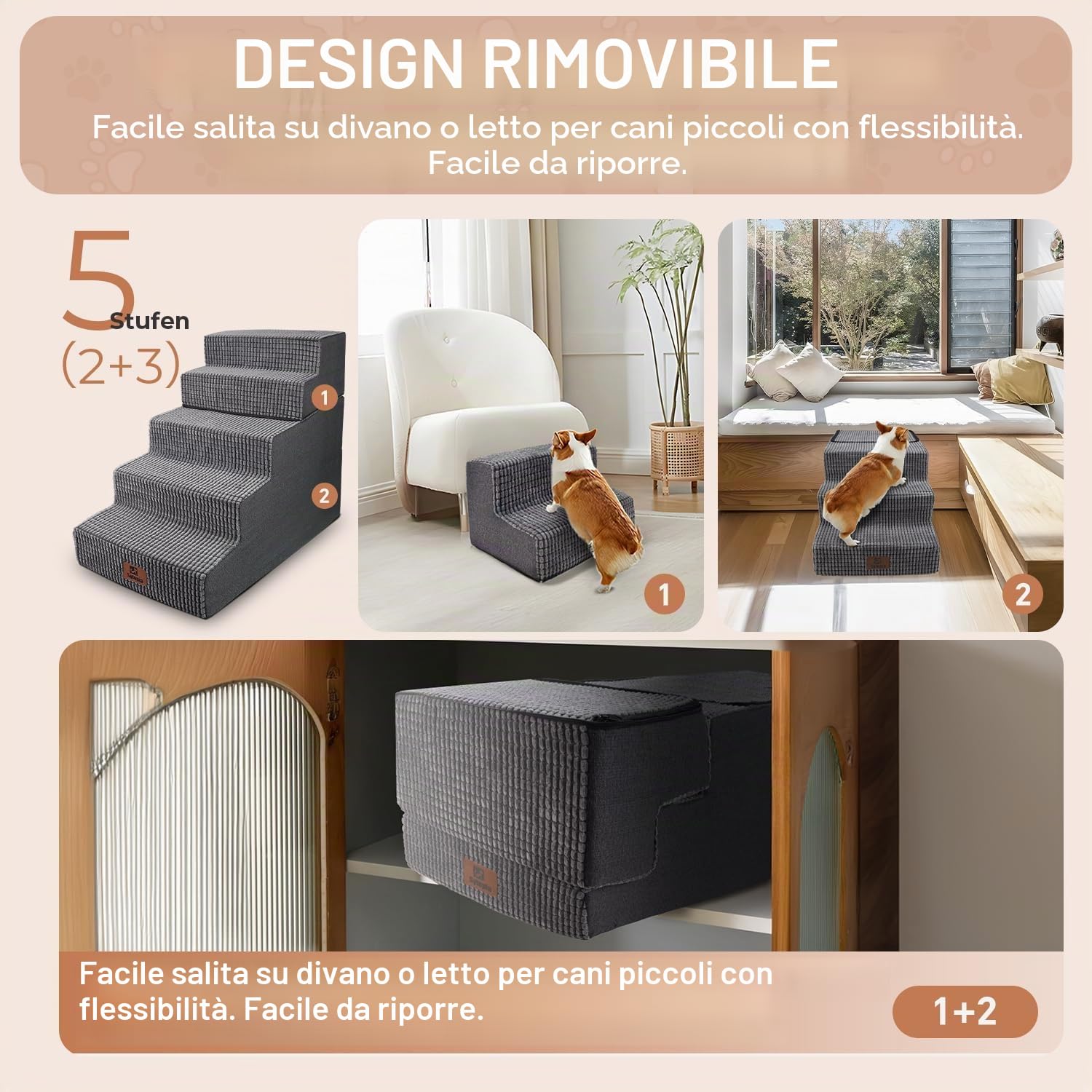 Sytopia Scaletta per cani di taglia grande, altezza 5 gradini, schiuma grigia, 76 x 40 x 57 cm