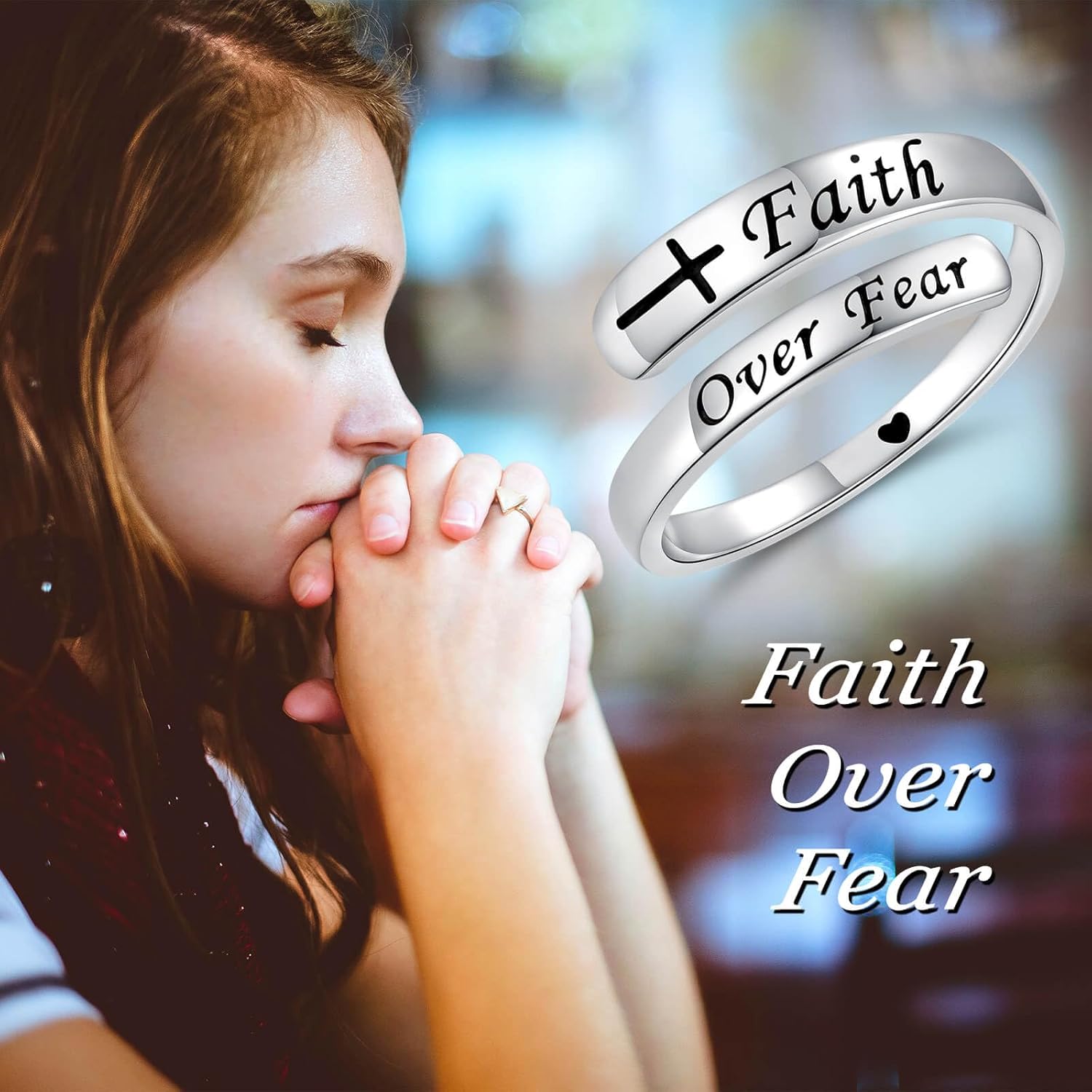 Sterling Silver Faith Over Faith Ring Inspirational Adjustable Open Ring Encouragement Jewelry Gift for Women - Image 6