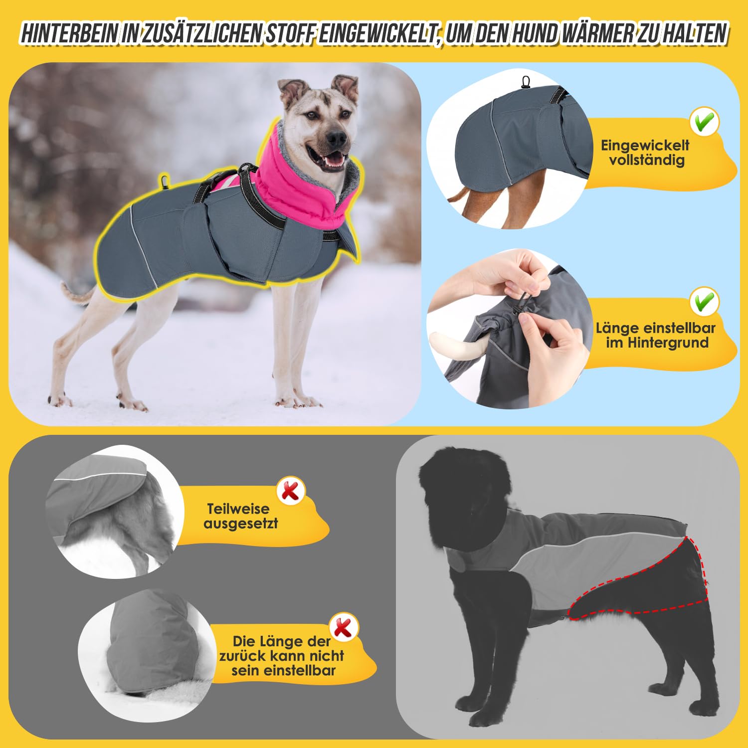 Eyein Hundemantel Winter für Große Hunde, Wasserdicht Hundejacke mit warmem Fleecefutter und Halsband, Winddichter Wintermantel Hund mit Bauchschutz und Verstellbarem Brustriemen, Rosa, XXXL