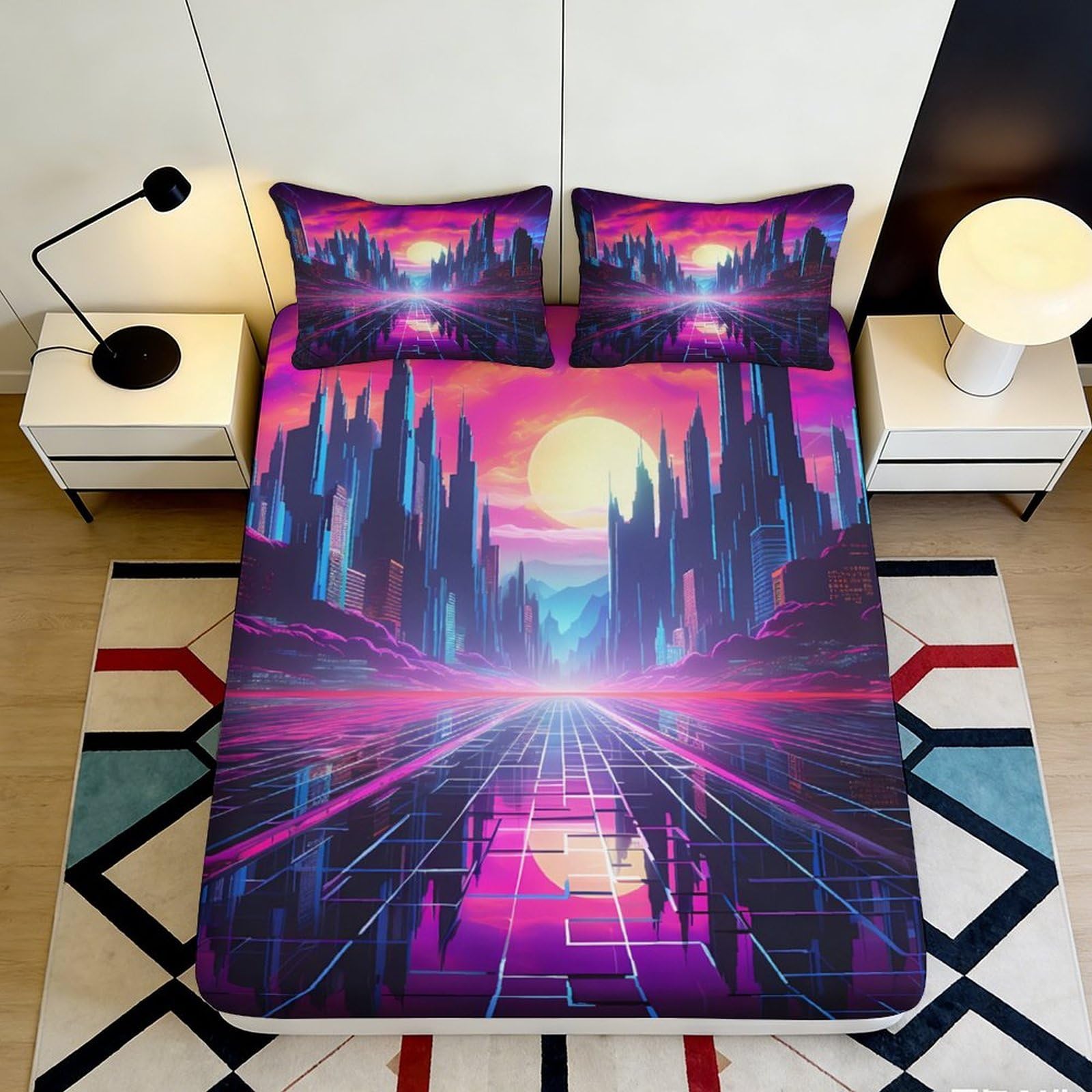 3D Printed Neon Cityscape Fitted Sheet Microfiber Soft Breathable Retro Sunset Bed Cover for Bedroom Dormitory Guest Room Mattress Protection Decor 140x200x25cm