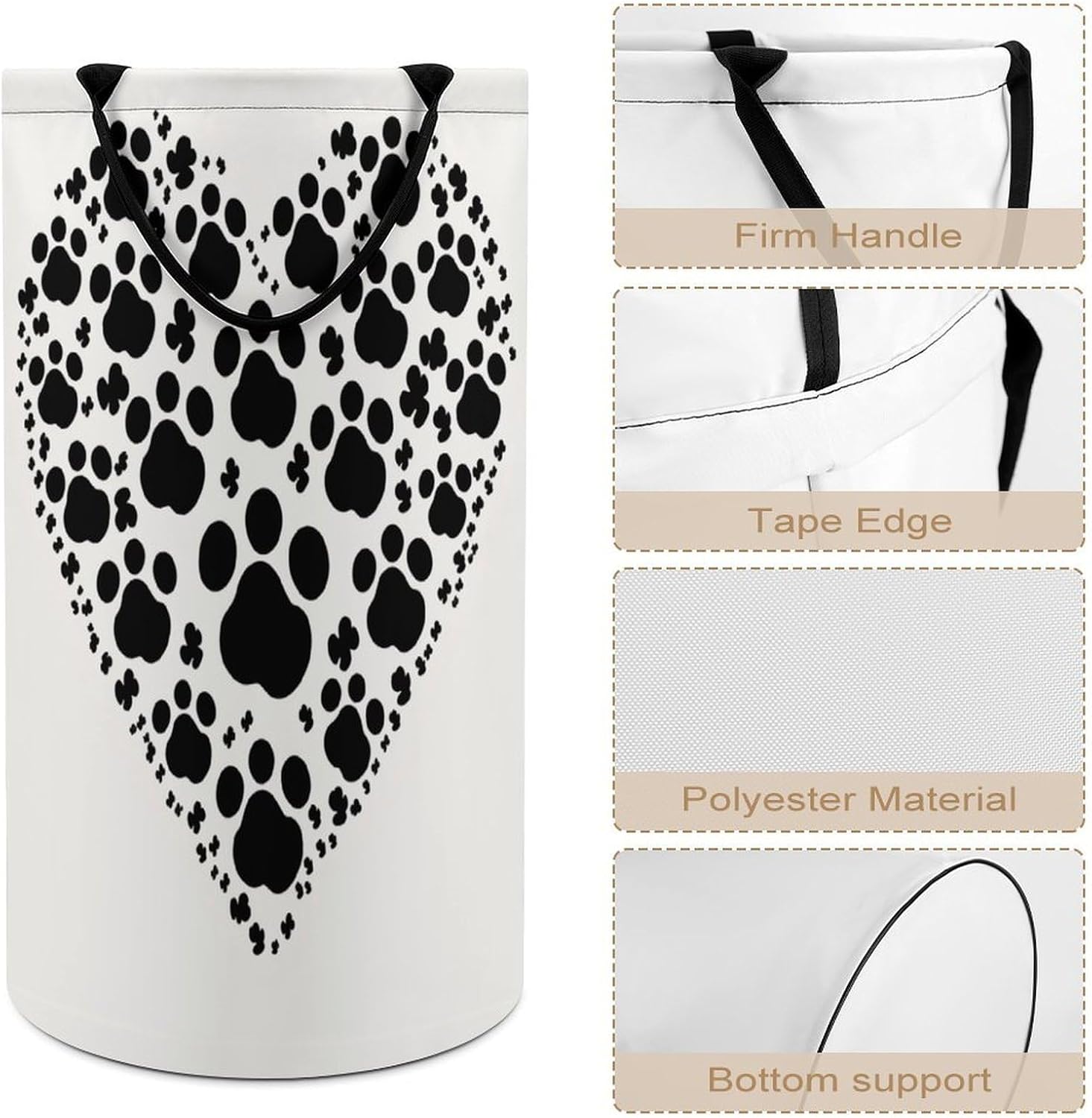 Dog Paw Print Love Heart Laundry Hamper with Handles Waterproof Collapsible Laundry Basket Large Lightweight Round Dirty Clothes Hamper for Home Dorm Bathroom Decor