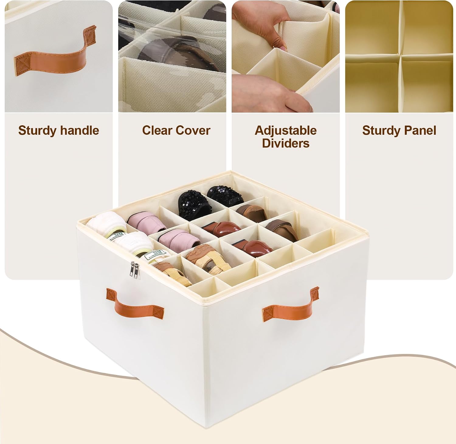 Shoe Organizer for Closet, Shoe Storage Boxes Fits up to 16 Pairs, Foldable Shoe Containers Bins Baskets with Adjustable Dividers and Clear Cover White