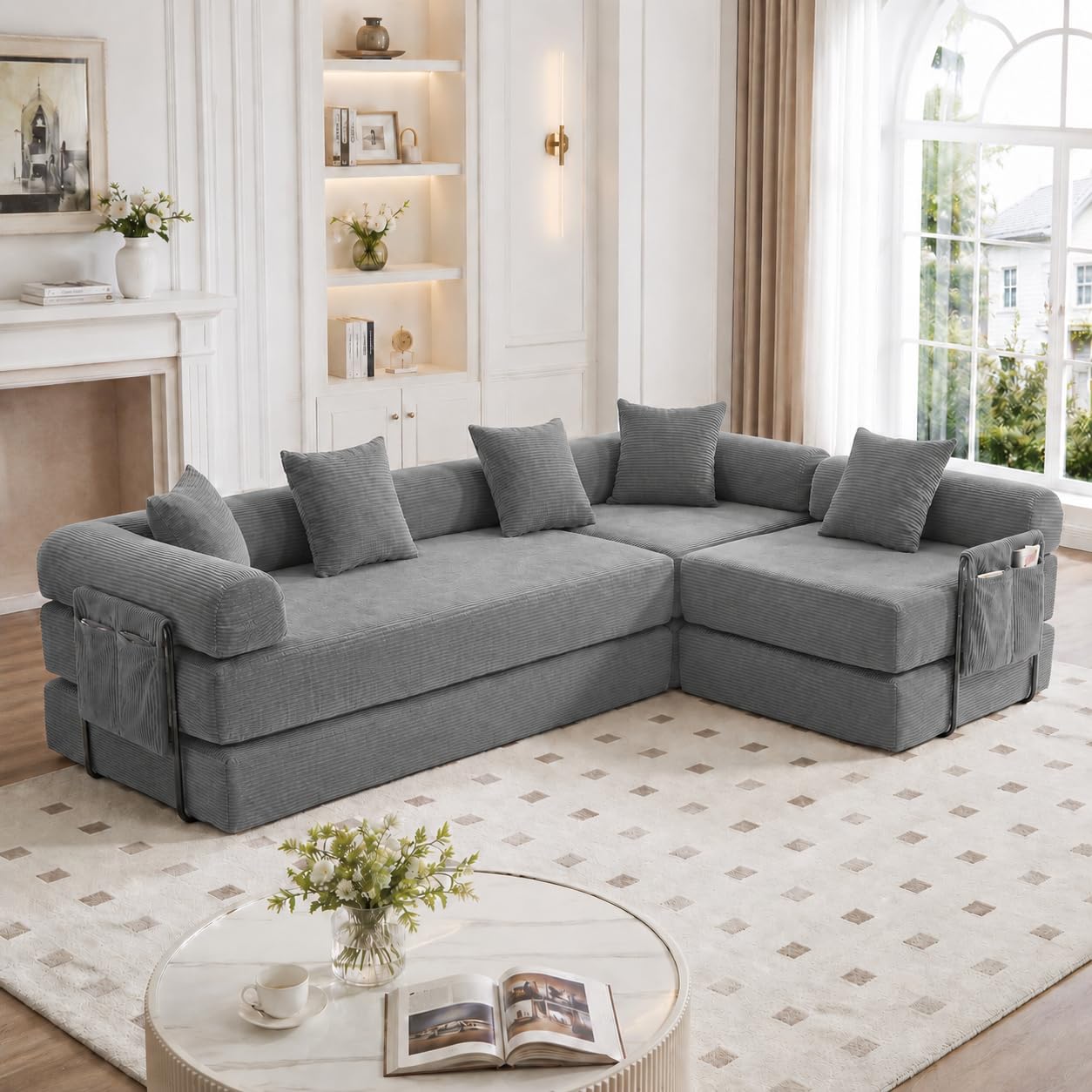 HaoChrymec Modułowa sofa do salonu sztruksowa, ciemnoszara, 270 x 180 x 64 cm