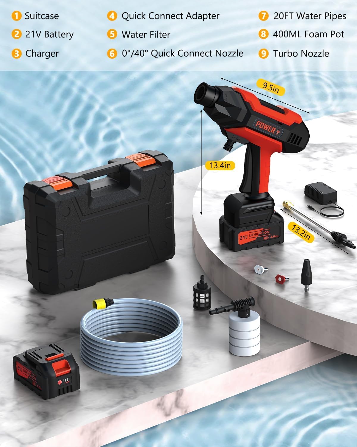 Cordless Pressure Washer, Portable Pressure Washer Battery Powered Max 950PSI, 1.2GPM with 1 * 21V 4.0Ah Rechargeable Battery, 20FT Drain Hose, Electric Power Washer for Car, Floor, Red