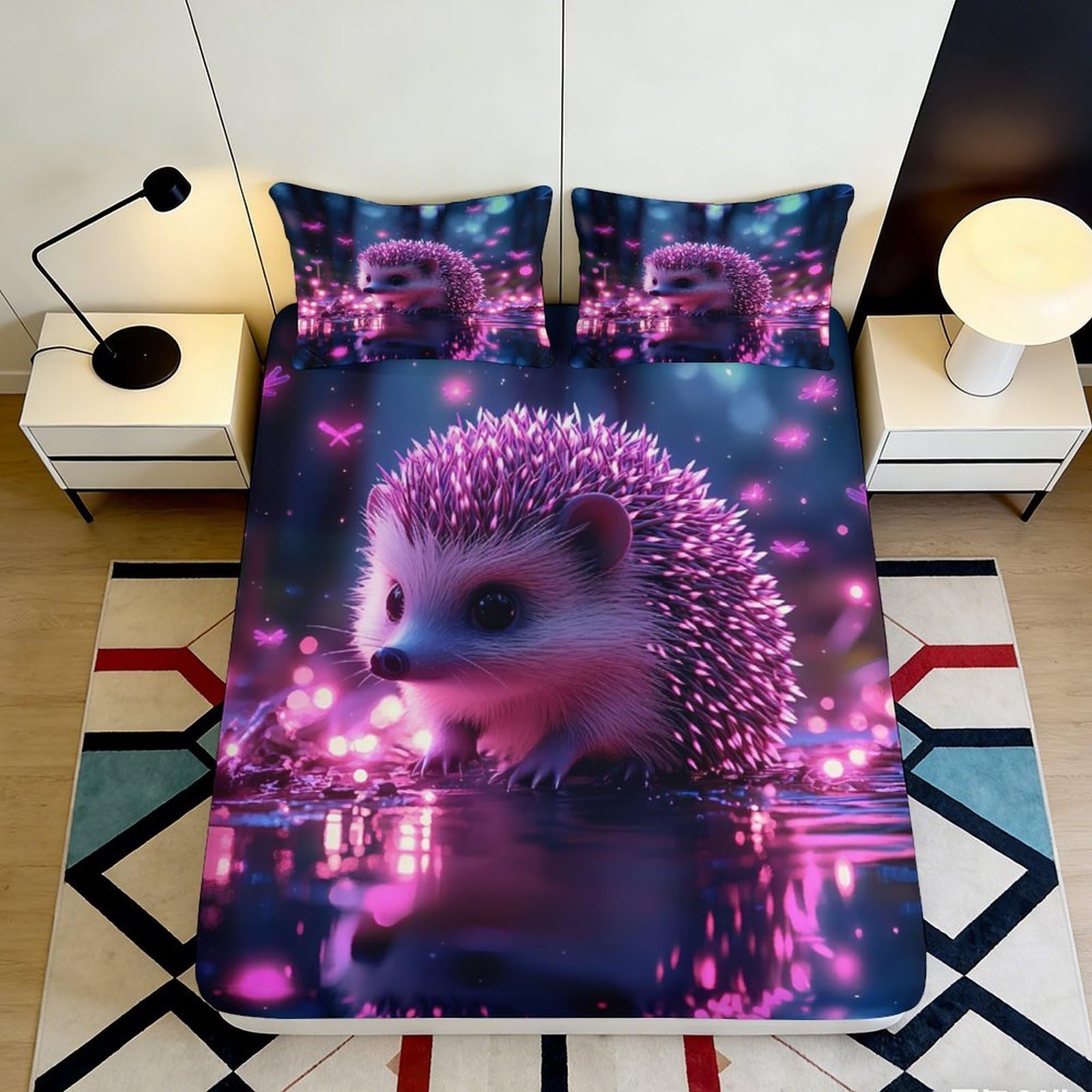 3D Printed Fantasy Hedgehog Fitted Sheet Microfiber Soft Purple Blue Bed Cover for Bedroom Dorm Mattress Protection Decor 90x200x25cm