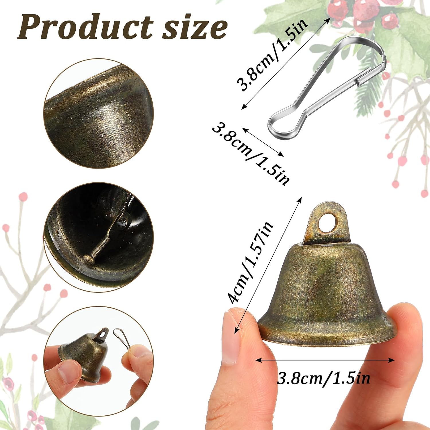 100 Pieces Bronze Jingle Bells 1.5 x 1.57 Inch Vintage Small Bells with Spring Hooks for Christmas Craft Wind Chimes Dog Potty Training Doorbell Wedding Christmas Decor Craft Making Hanging Favor