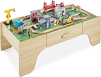 Best Choice Products 50in Wooden Train Table with 70-Piece Accessory Set, Reversible Top, Multipurpose Kids Play Table - Natural