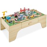 Large 50in 70-Piece Train Table&comma; Multipurpose Wooden Toy Activity Playset for Children w&sol;Tracks&comma; Reversible Top - Natural