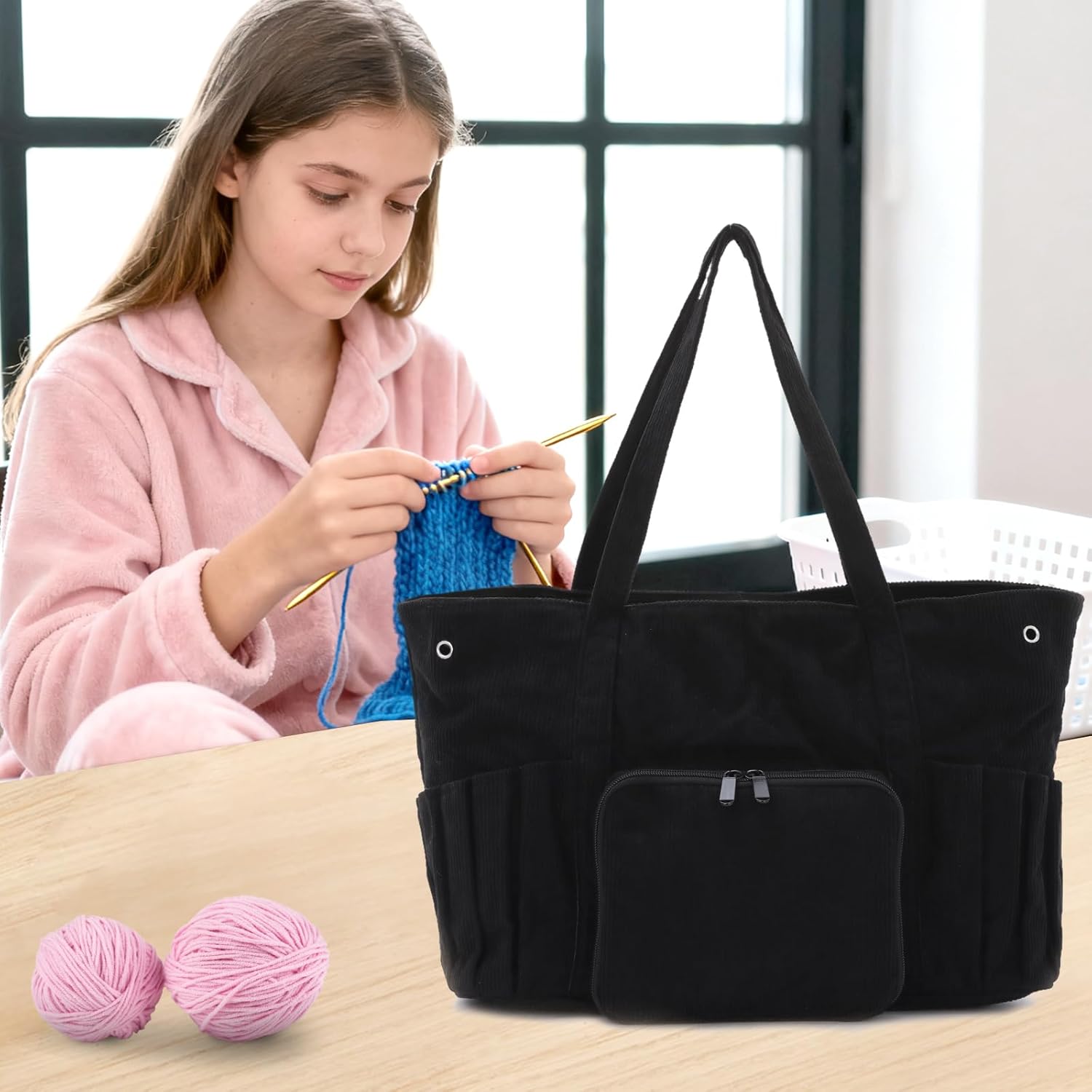 Lanpet Corduroy Crochet Bag Tote Yarn Bag Yarn Storage Organizer Knitting Accessories for Crochet Hooks