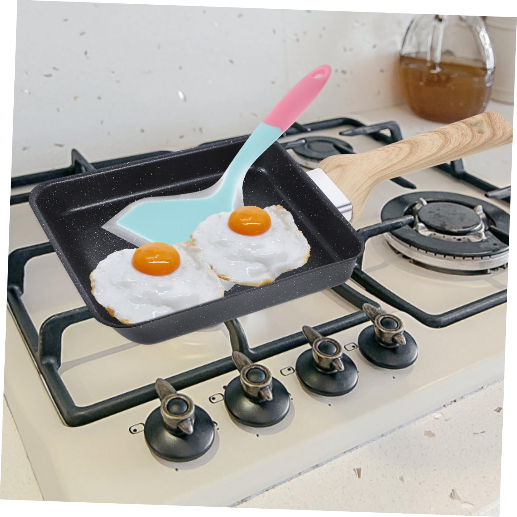 Padella Giapponese per Frittata Antiaderente Spatola in Silicone, Manico in Legno, Rettangolare, per Cucina di Casa