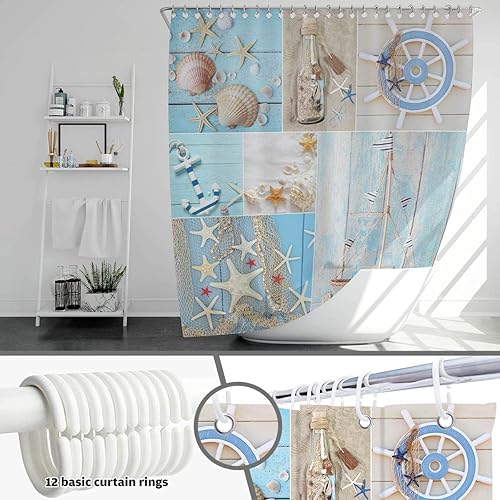 Miniatura 4 de Mocsicka Cortina de ducha náutica de playa, cortina de ducha costera azul para baño, estrella de mar y conchas marinas, juego de cortina de ducha de