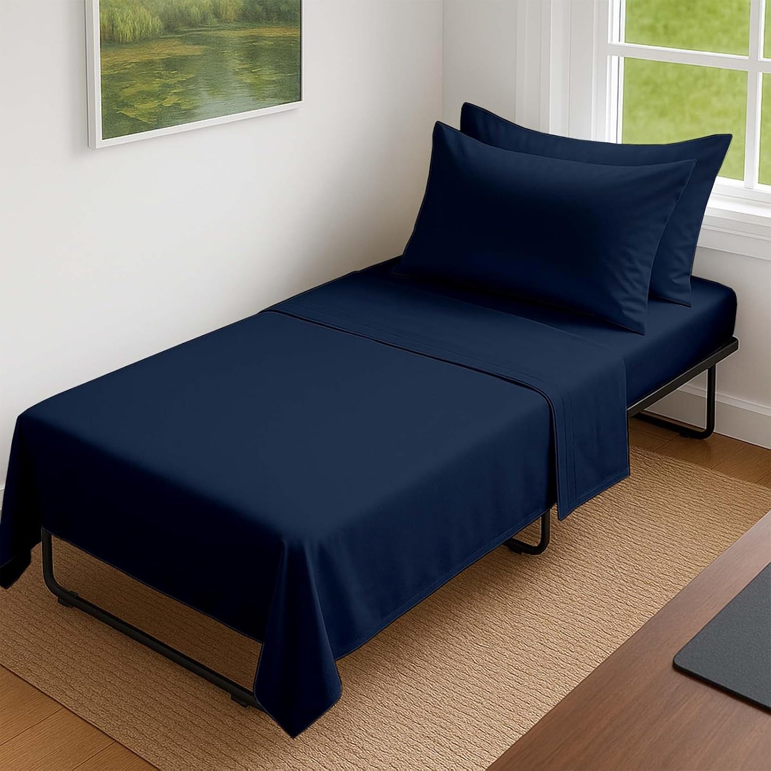 KRISHNA 4 Piece Cot Sheet 30” x 75” for Narrow Twin, Camping, Rv Bunk, Guest Bed Soft & Breatheable 100% Egyptian Cotton Bedding Set fits Up to 9” Deep Pocket Trifold Mattress, Navy Blue
