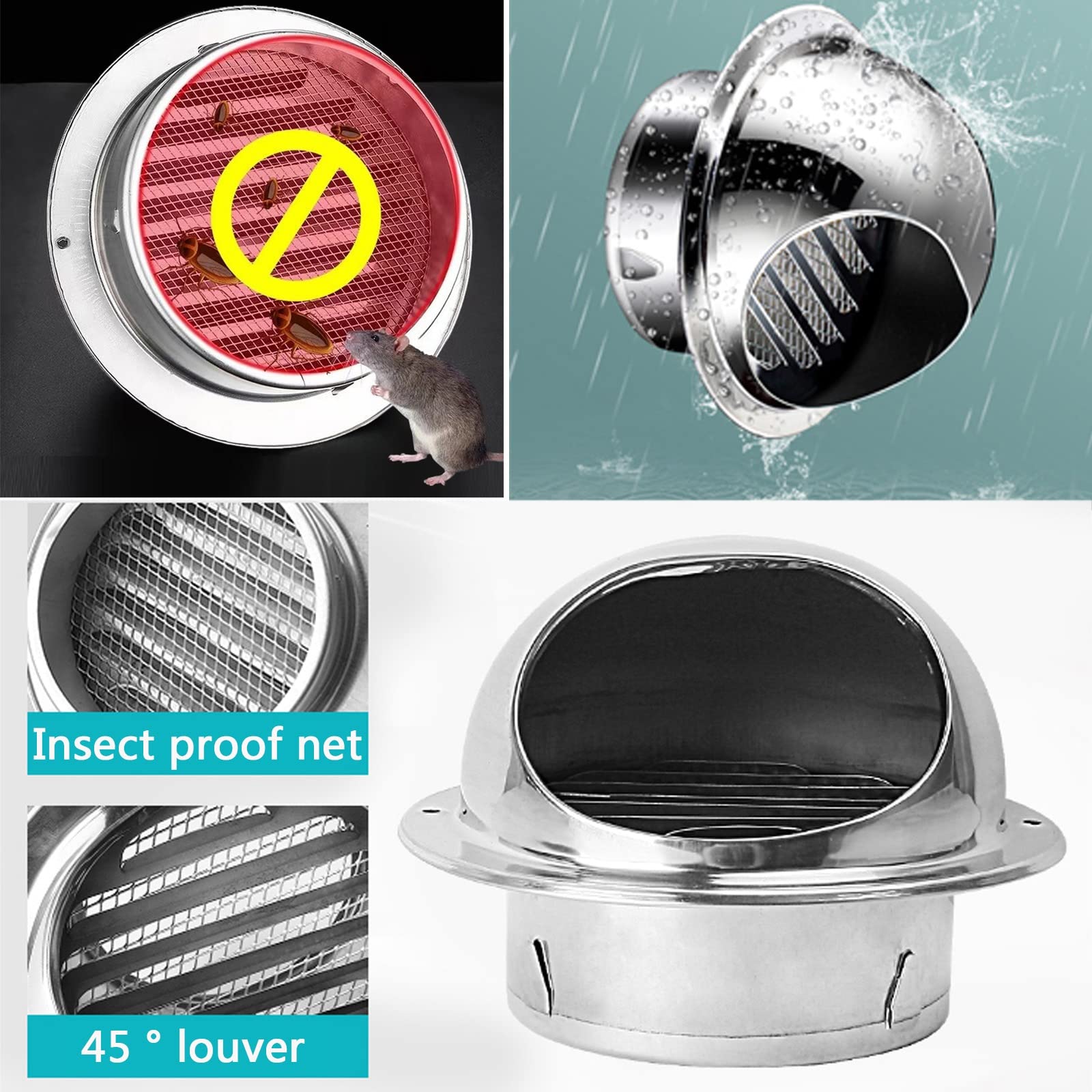 LIGUOYI Tapa De Rejilla Circular Respiraderos Tapa ​Cocina Cinturón/Red, Protección contra El Viento Y La Lluvia, Calibre 60/70 / 80/100 Mm Campana Exterior Ventilación del Aire (Color : Silver, Size