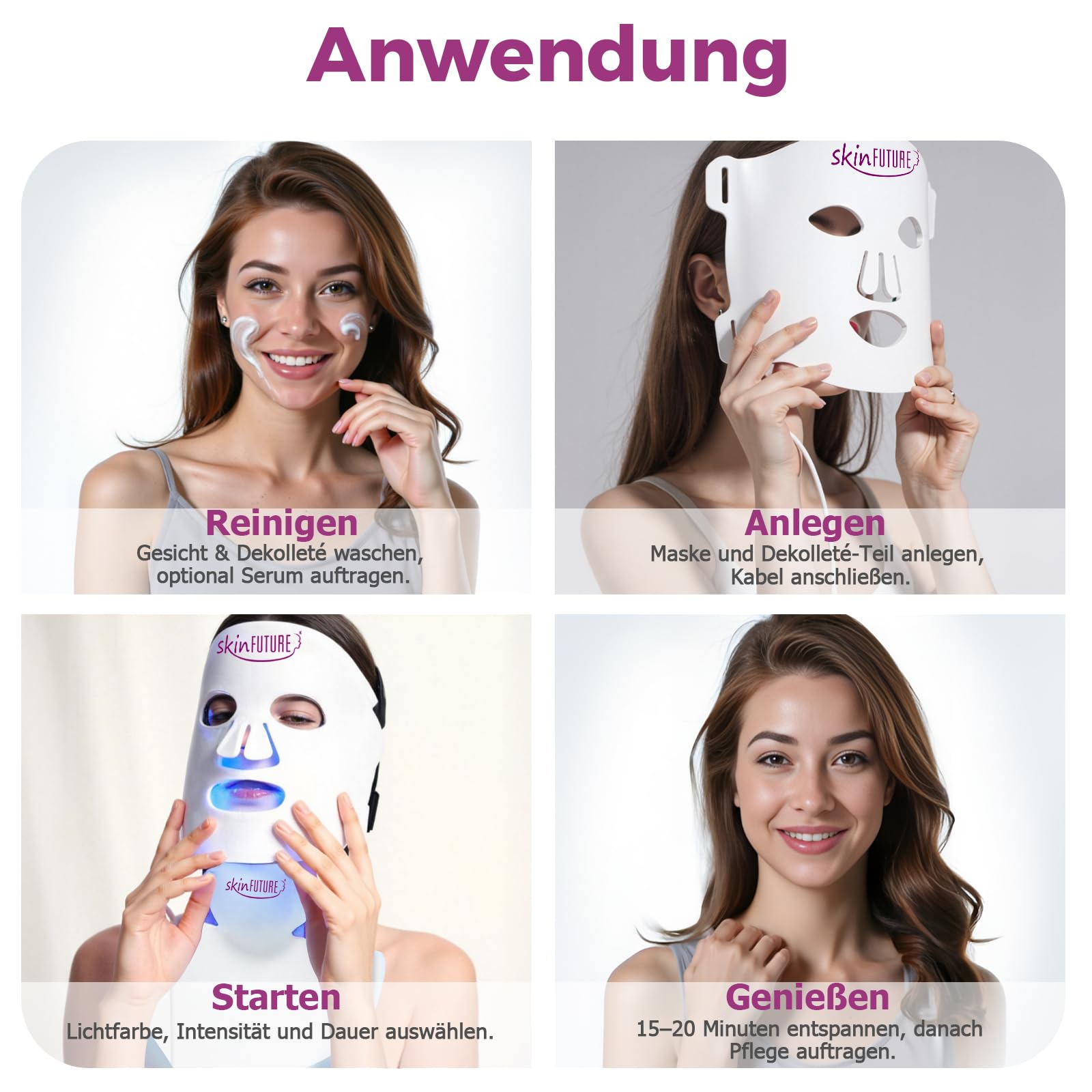 LED Maske Gesicht Gesichtsmaske für Gesicht, Hals & Dekolleté – 480 LEDs, 4 Lichtmodi (Rot, Blau, Gelb, Nah-Infrarot-NIR) – Anti-Aging Lichttherapie gegen Falten, Akne & für strahlende Haut