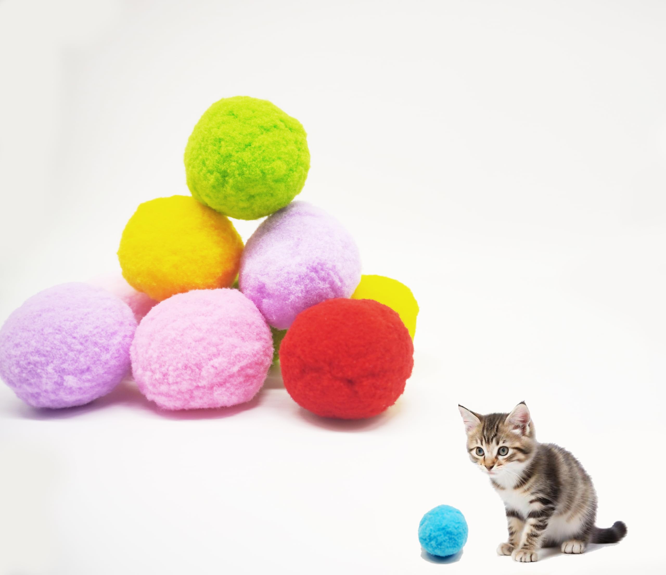 DJRDym Pet Play Pompom Balls: 10-Pack Non-Toxic, Non-Edible Soft Cat Toys for Safe Interactive Fun, 1.8-Inch Lightweight Pom Poms for Kitten Training
