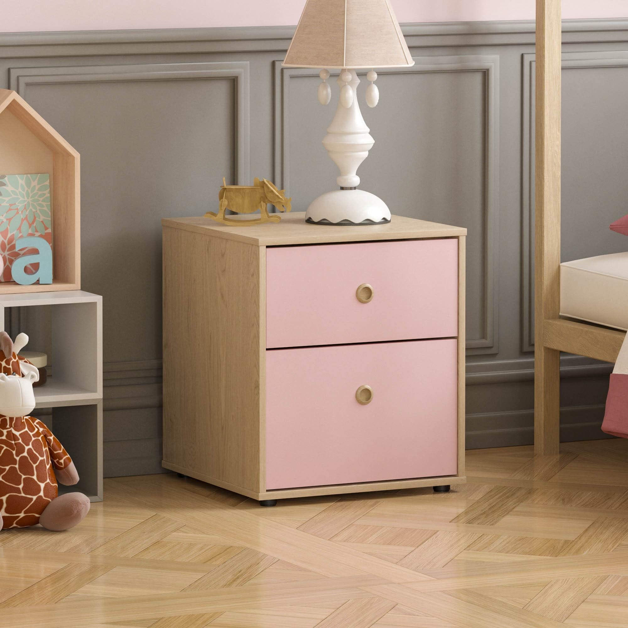 Junior Vida Neptune 2 Drawer Bedside Table, Pink & Oak