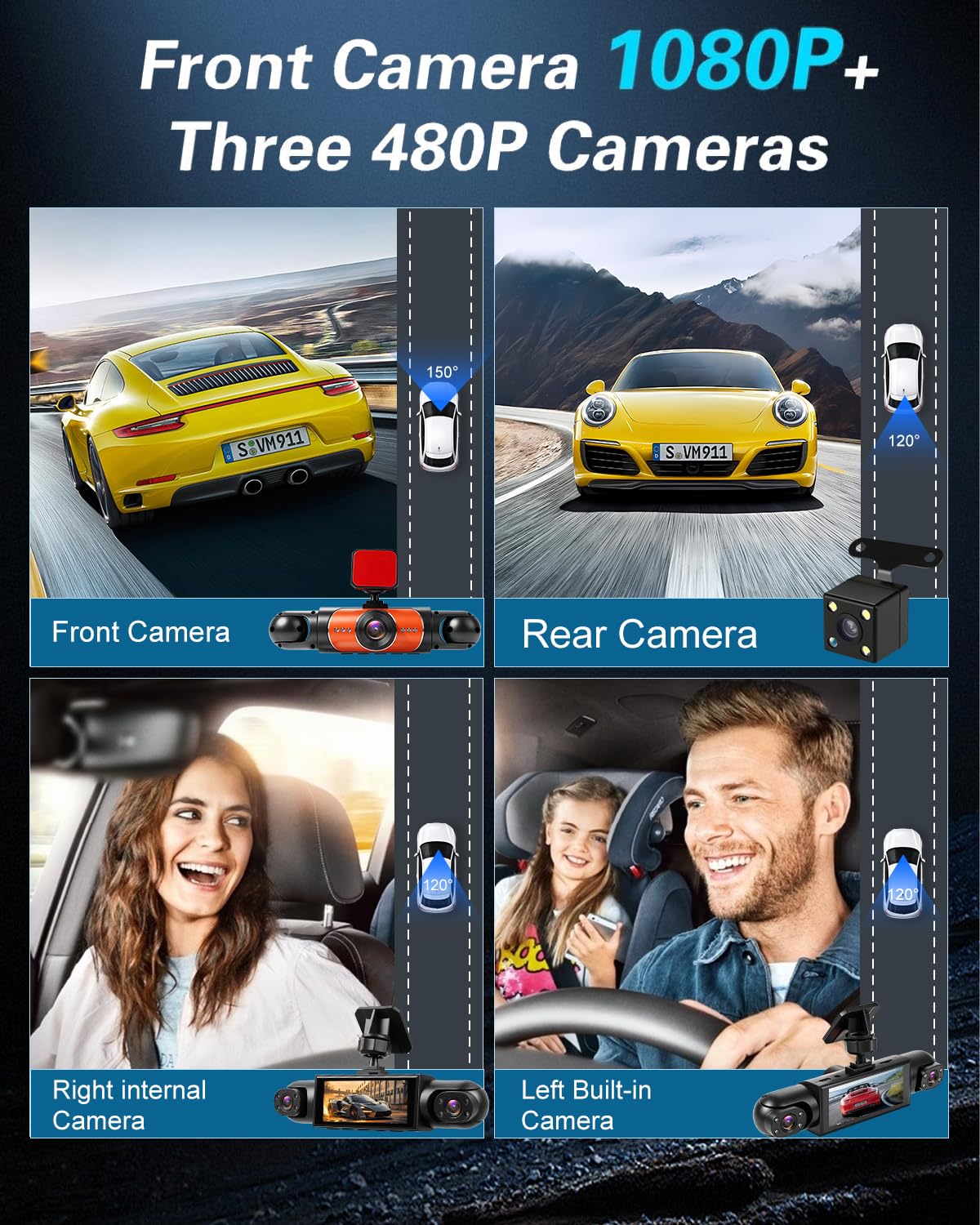 NHOPEEW Dashcam de 4 Canales con Cámara Delantera y Trasera para Coche | Cámara Delantera 1080P, Cámaras Izquierda, Grabación de 360°, Grabación en Bucle, Monitor de Aparcamiento 24H
