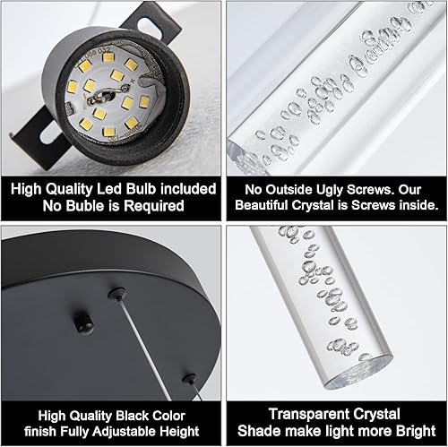 Miniatura 6 de votag Iluminación colgante LED, iluminación colgante de cocina negra de 5 luces sobre la isla, luces colgantes de isla de cocina para comedor, sala