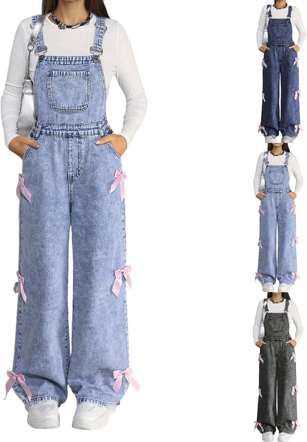 Y2K Bow Denim Overalls for Girls Bow Applique Baggy Back to School Jeans