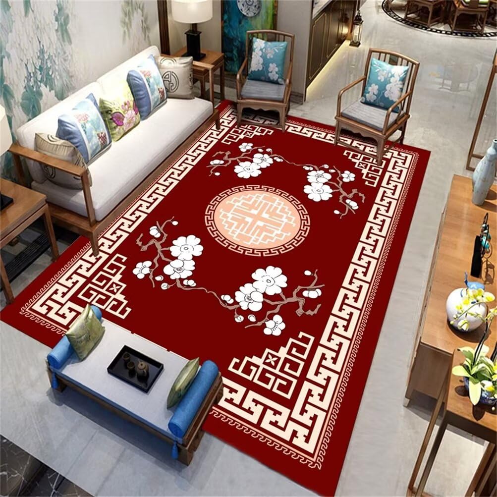 Tapis doux salon rouge 70x140 cm décor floral rétro pour chambre ado