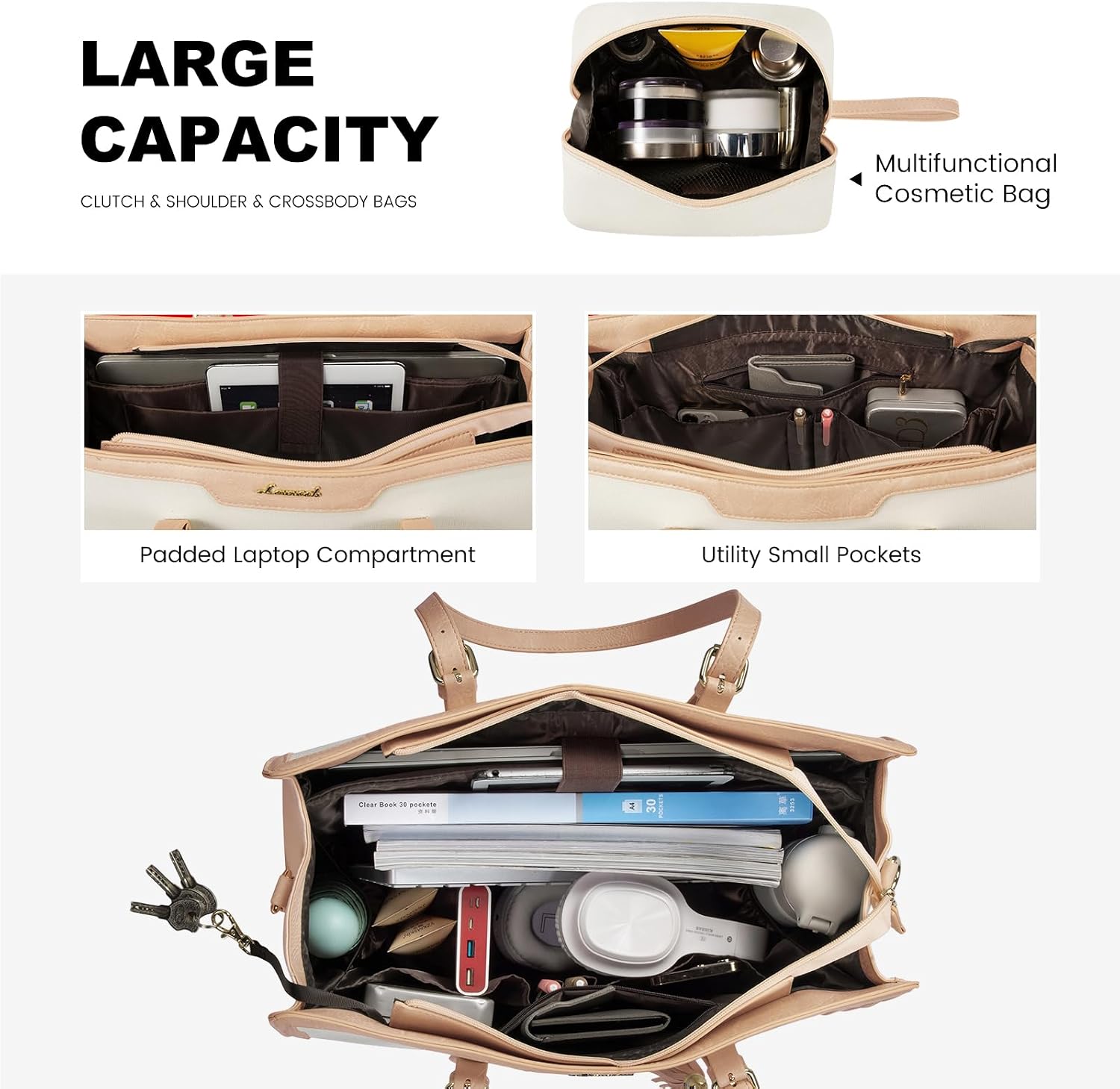 LOVEVOOK Laptop Bag for Women 15.6 inch Lightweight Canvas Laptop Tote Bag, Large Capacity Computer bag with Clutch Purse for Business, Work, Office, Travel, School（Pearl White & Beige，15.6 Inch） thumbnail