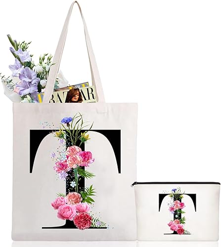 Andeiltech Bolsa de lona con inicial, con letras florales, bolsa de maquillaje personalizada, regalo con monograma para damas de honor, cumpleaños,