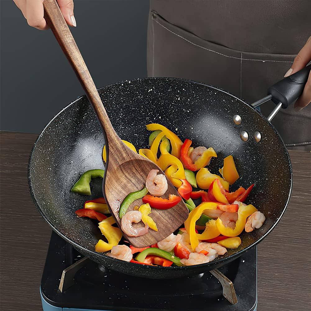 Wooden Spatula,15.3 Inch Flat Wood Wok Spatula,Wood Kitchen Utensils for Cooking,Long Handle Turner Coated Natural Resin, Handmade Kitchenware for Nonstick Pan Cookware - Image 3