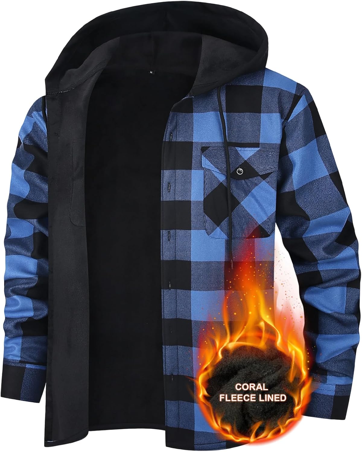 Mens Flannel Plaid Coral Fleece Lined Hooded Shirt Jacket Casual Long Sleeve Button Down Hoodie with Pockets